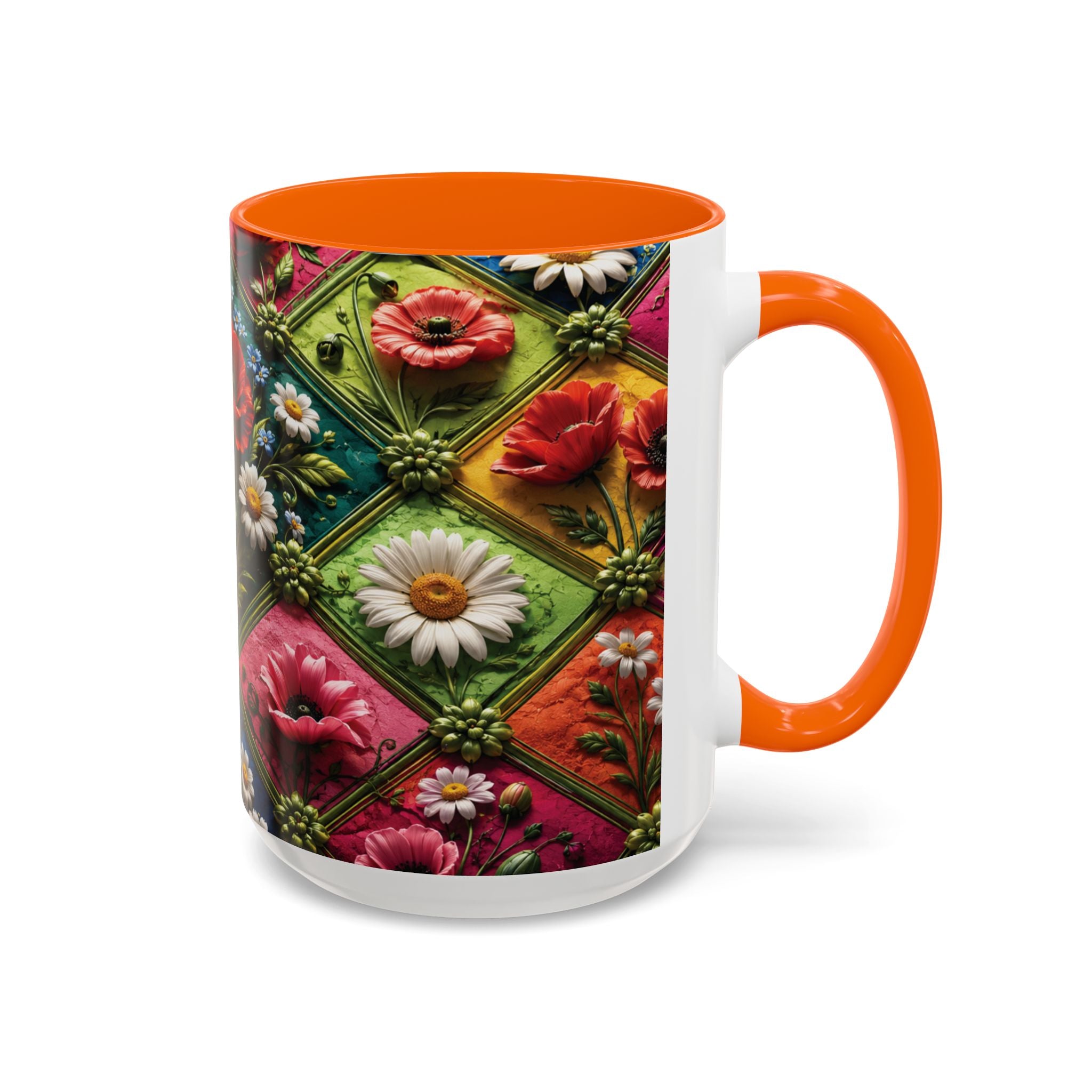 Floral Patchwork Accent Coffee Mug — Colorful Poppies & Daisies (11/15oz) 3D Illusion