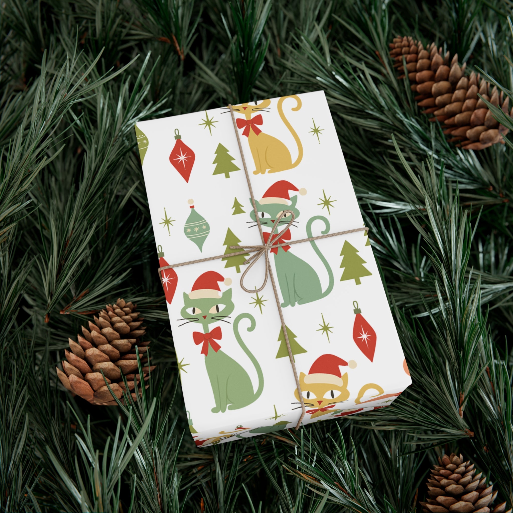 Christmas Atomic Cat Wrapping Paper, Retro Gift Wrap, Pastel Mid-Century Kitty Design, Vintage Holiday 30x20, 30x72, 30x144 Perfect for all Occasion