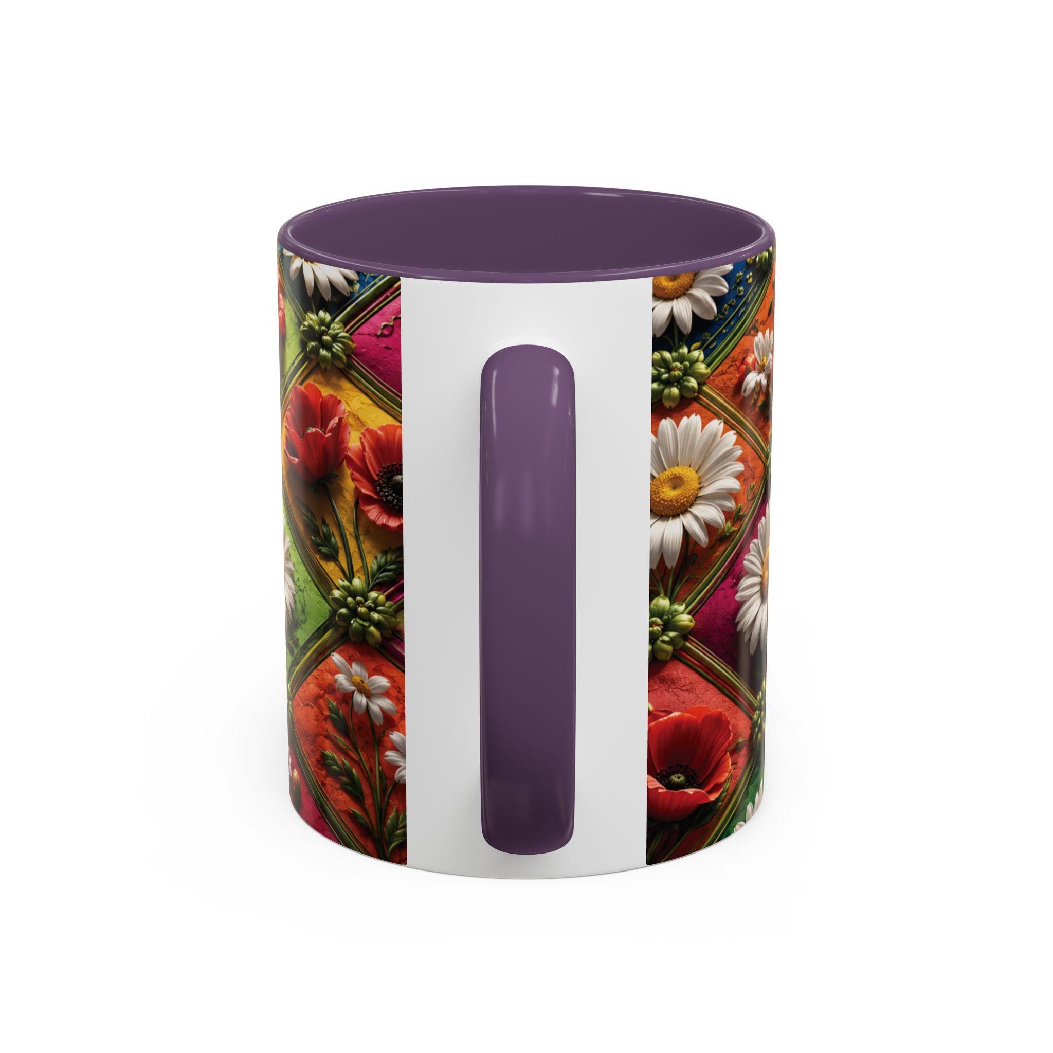 Floral Patchwork Accent Coffee Mug — Colorful Poppies & Daisies (11/15oz) 3D Illusion