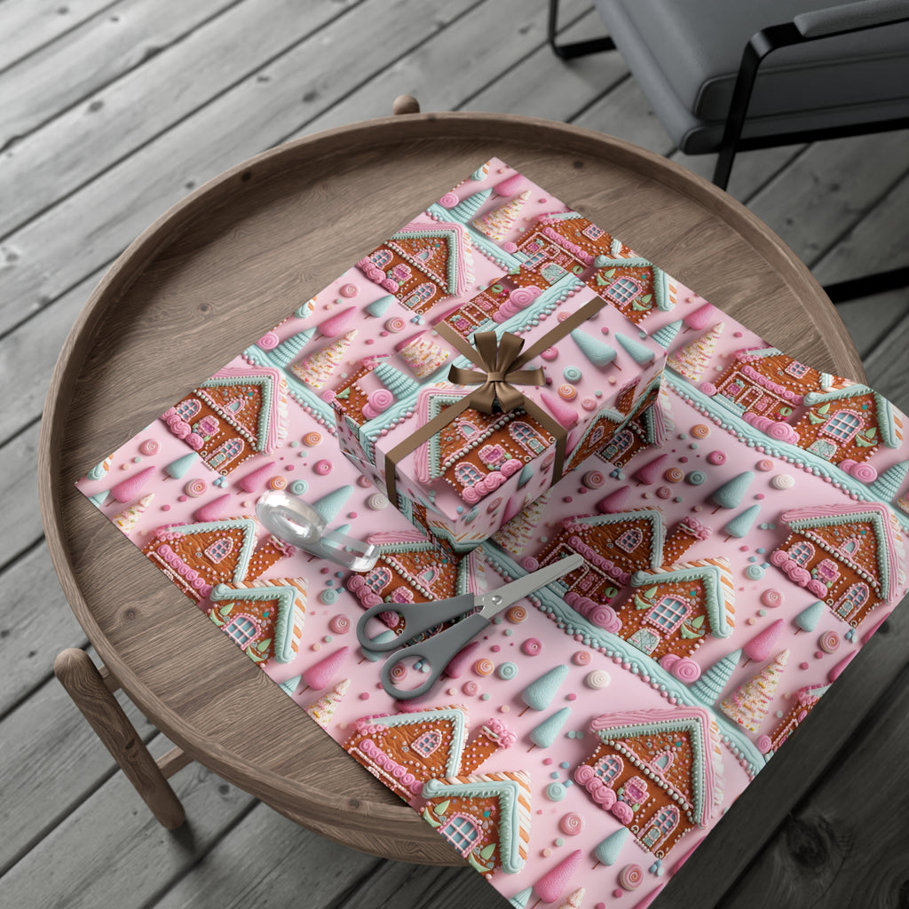 3D Clay Illusion Pink Gingerbread House Wrapping Paper Festive, Playful, and Perfect for Adding a Sweet Touch to Your Holiday Gifts Moms - MRSBYVALLE