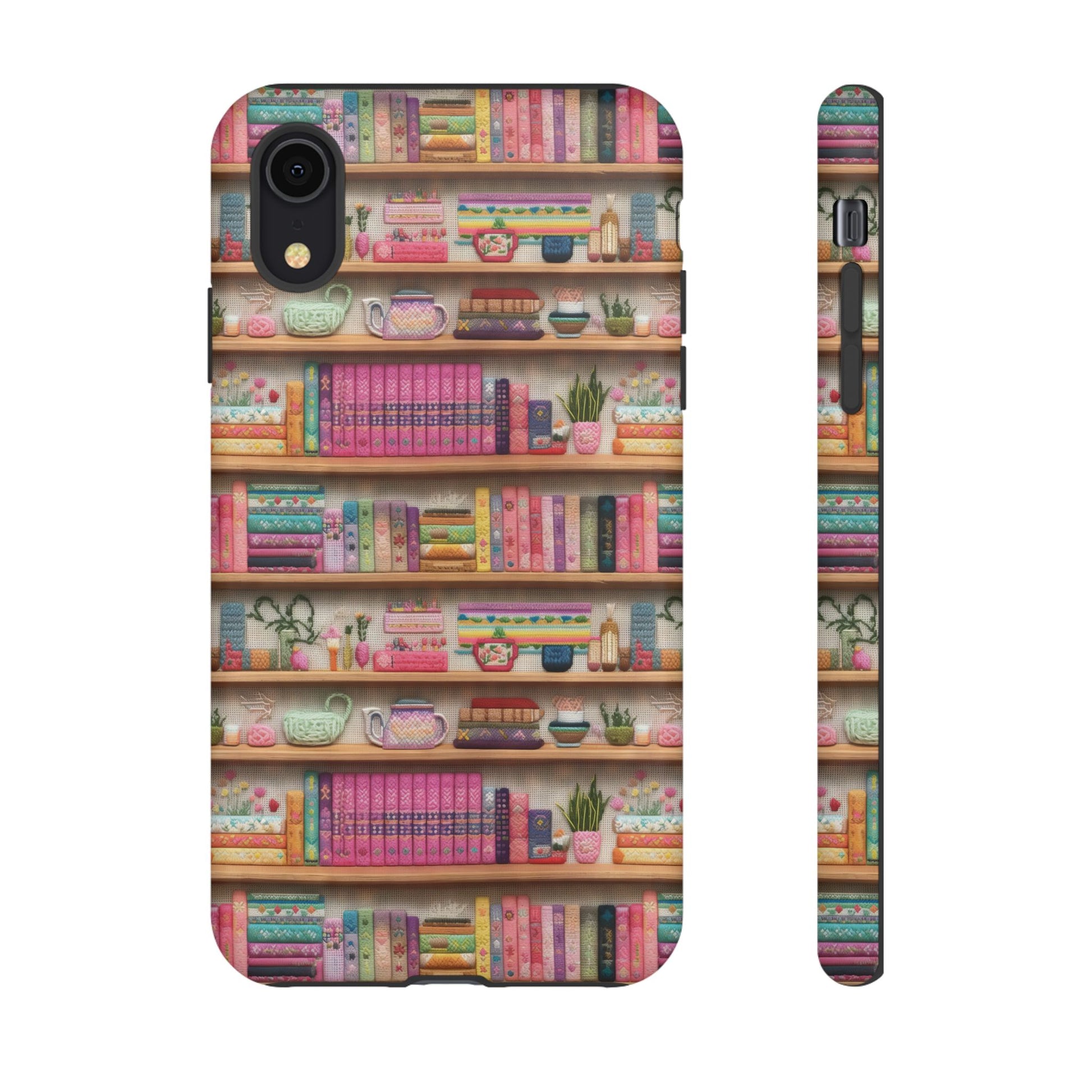 Whimsical 3D Embroidery Illusion Books on Pastel Shelves Phone Case for iPhone, Samsung & Pixel: Unique Accessory for Literary Enthusiasts Gift for Her Perfect for Floral Lover