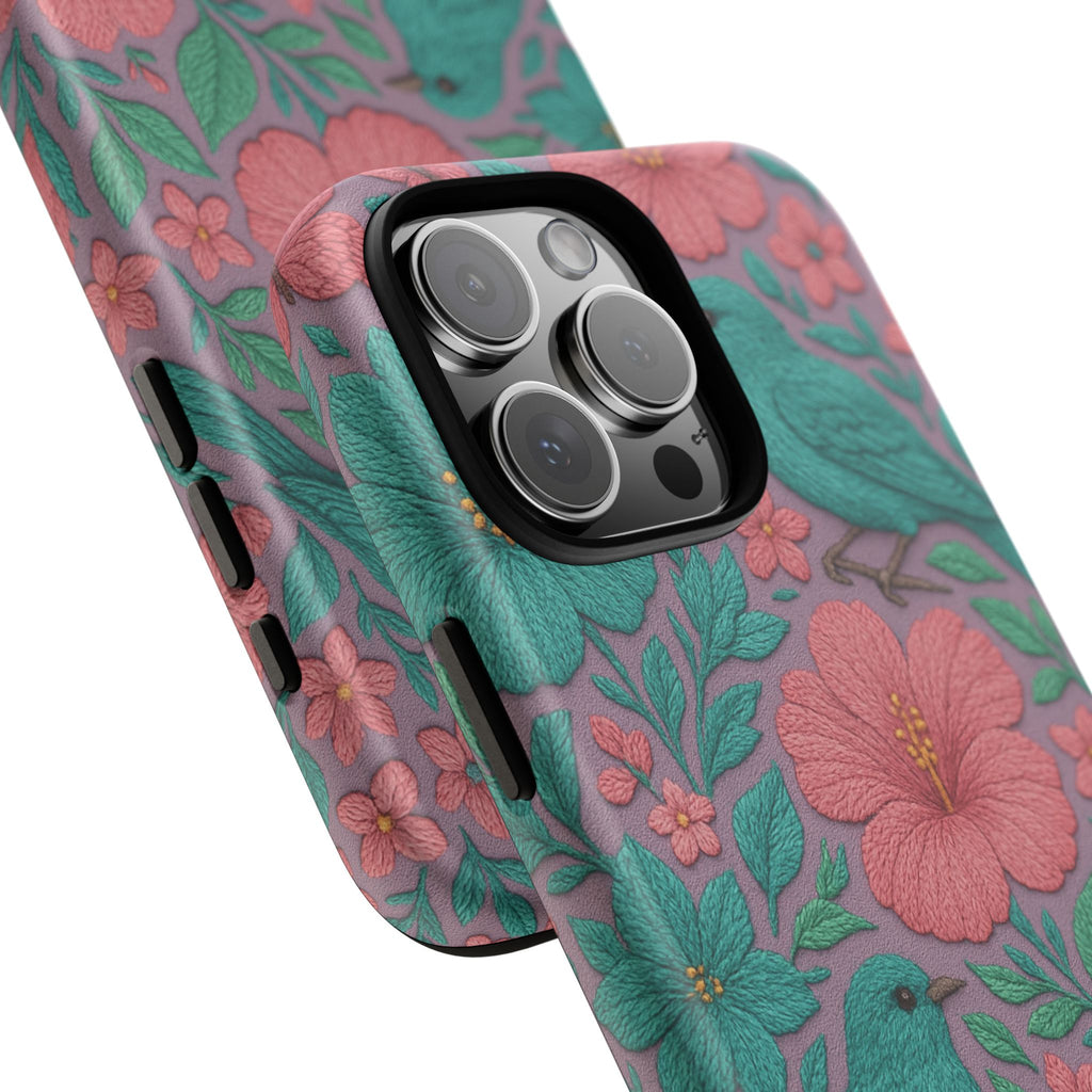 Turquoise, Pink and Lavender 3D Embroidery Illusion Phone Case Tropical Flowers, Birds & Butterflies Cover with Bold, Realistic Floral Texture iPhone, Samsung