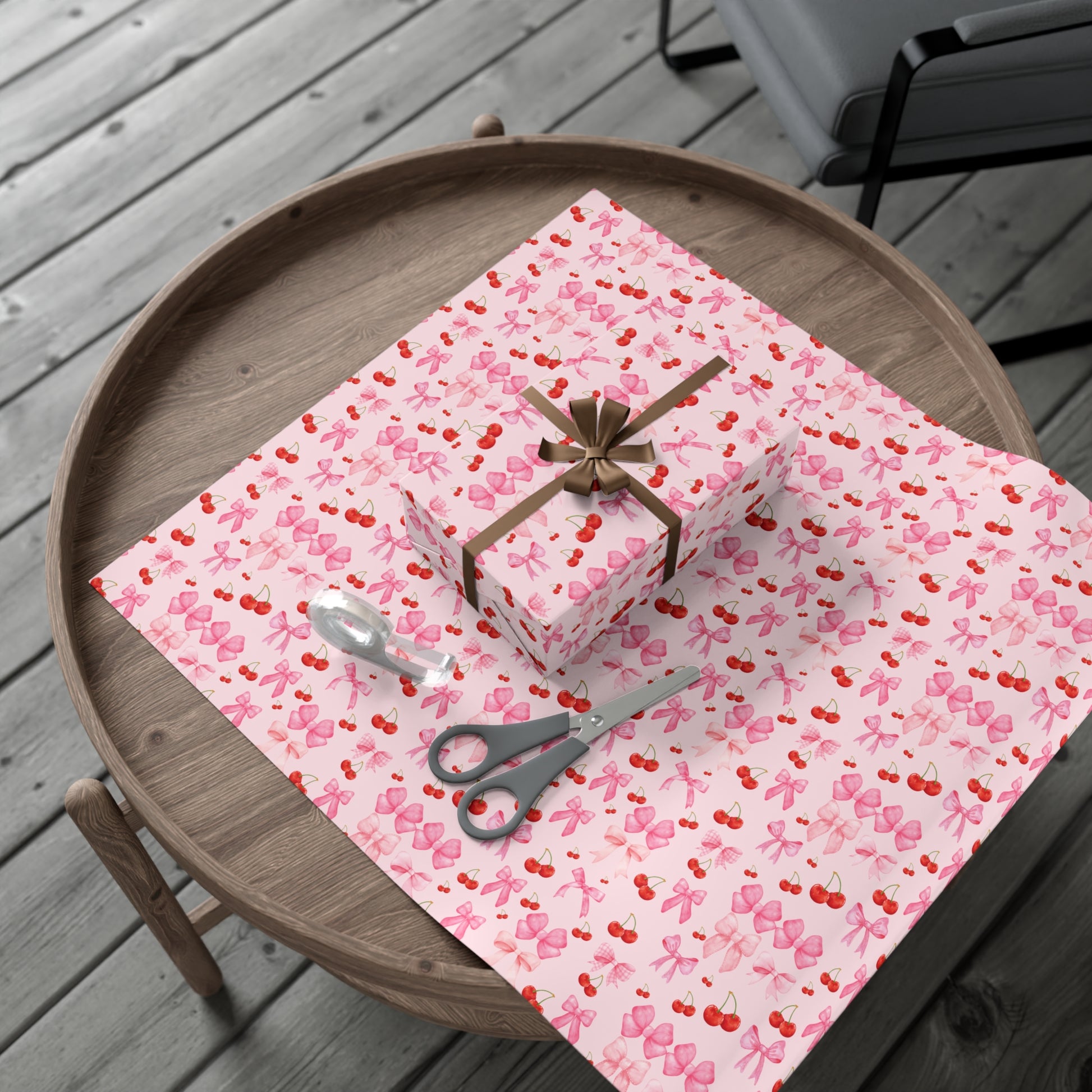 Pink Chic Coquette Wrapping Paper Pink Bows Cherries Elegance Perfect for Gifts Weddings, Bridal Baby Showers All Occasion.