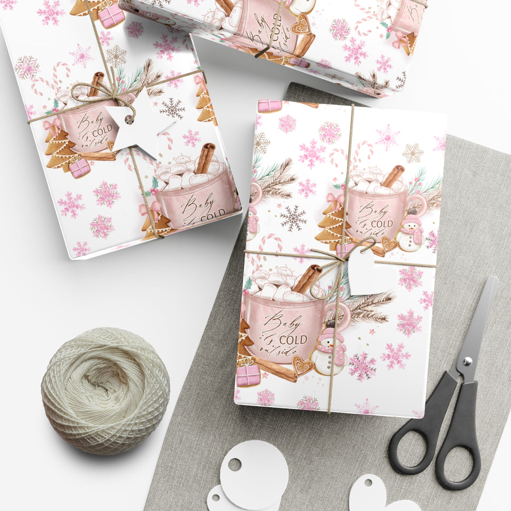 Baby it's Cold Outside Pink and White Wrapping Paper - Festive Holiday Design, Premium Quality, 100% Recyclable, Perfect for Christmas Gifts and Special Occasions - MRSBYVALLE