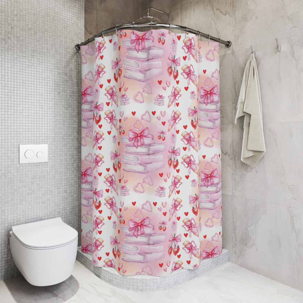 Romantic Pink Books and Bows Shower Curtain | Literary Bedroom Decor