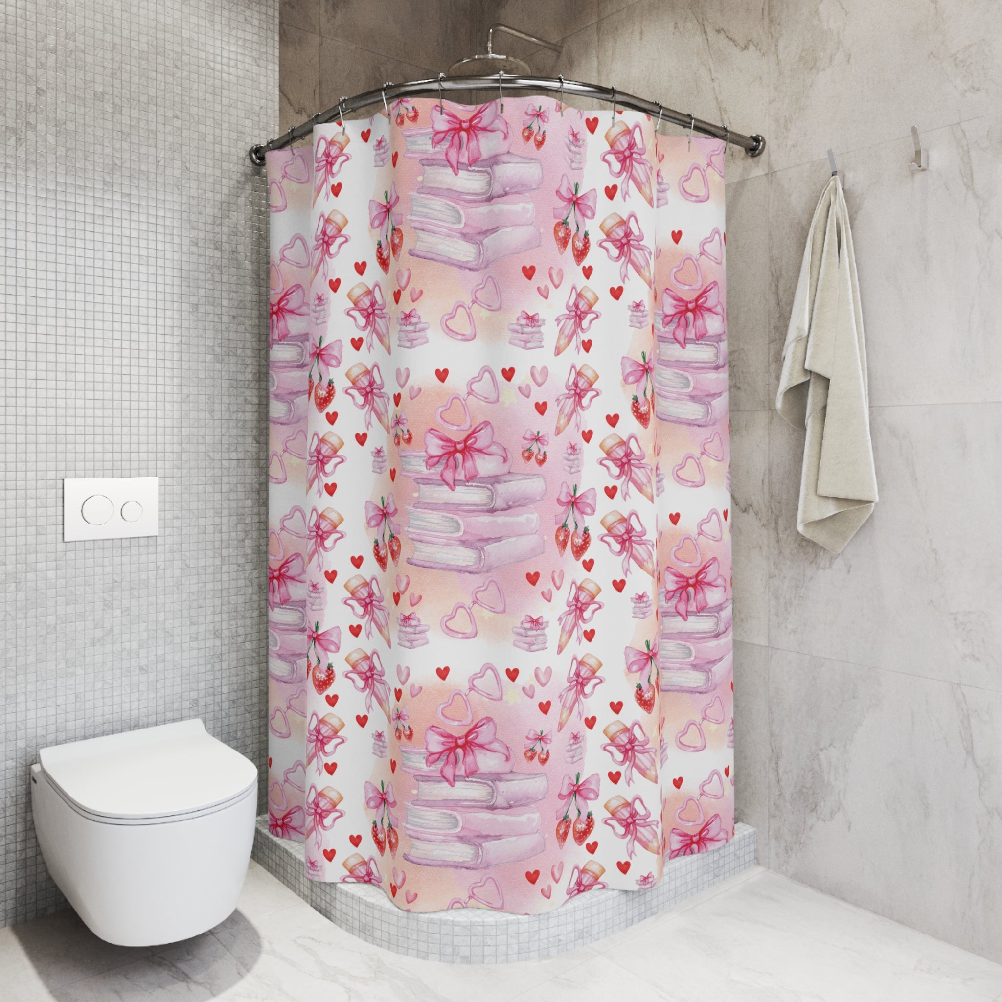 Romantic Pink Books and Bows Shower Curtain | Literary Bedroom Decor