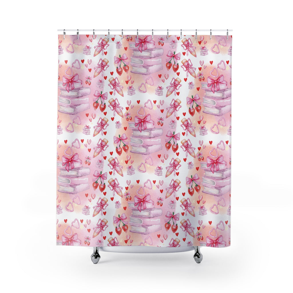 Romantic Pink Books and Bows Shower Curtain | Literary Bedroom Decor