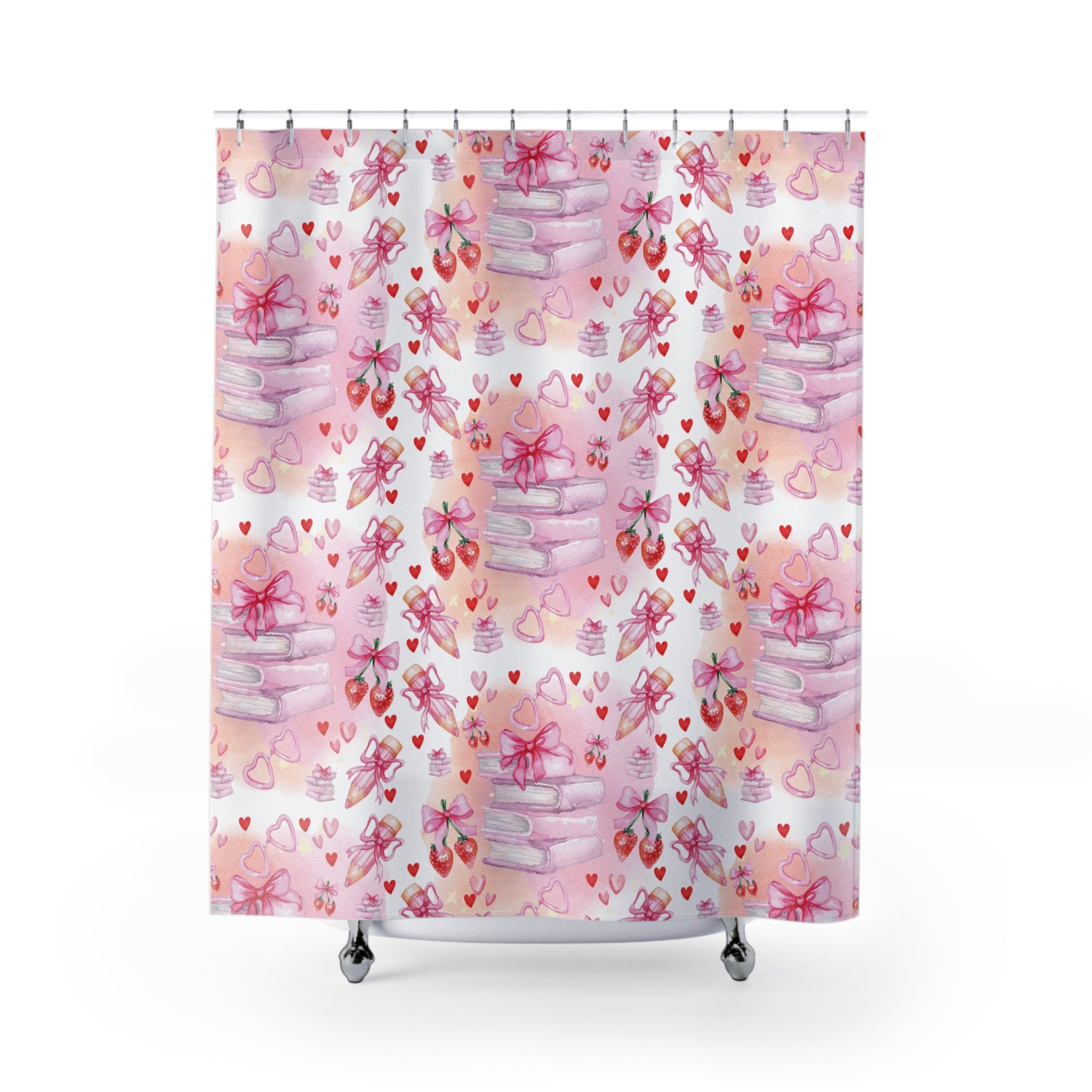 Romantic Pink Books and Bows Shower Curtain | Literary Bedroom Decor