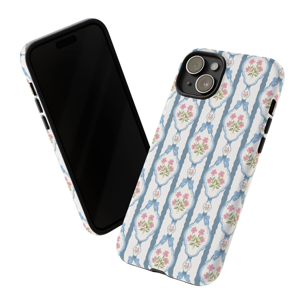 Coque de téléphone Vintage Nœud Bleu et Rose — Motif floral romantique « Tough Cases »