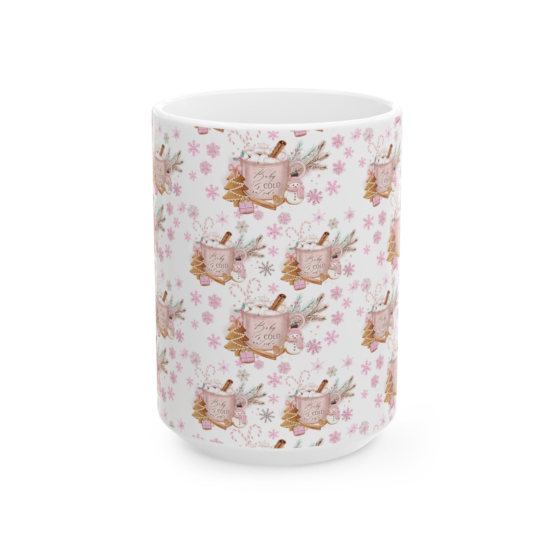 Pink Baby it's Cold Outside Coffee Ceramic Mugs Perfect for Your Morning Brew | 11 oz & 15 oz Sizes Floral Mug for Tea, Cocoa, and More Unique Bohemian Design Gift for Nature Lovers - MRSBYVALLE