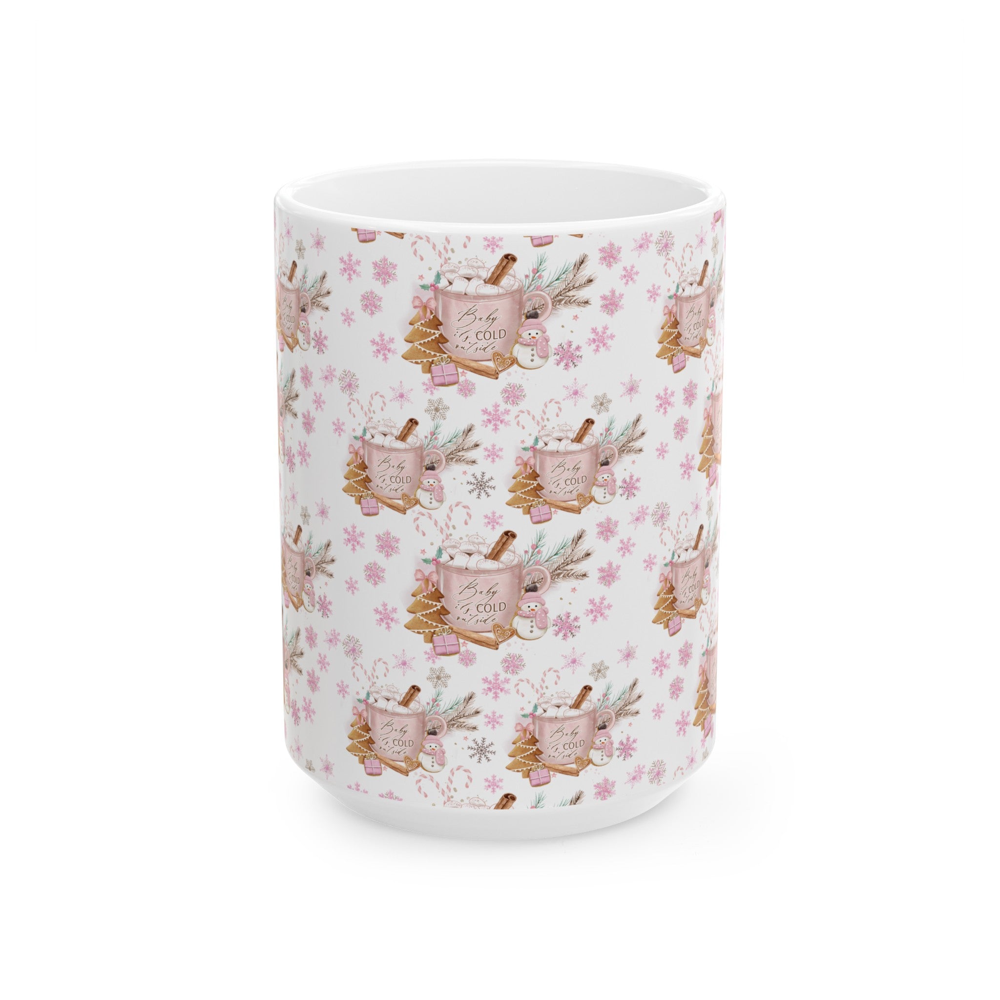 Pink Baby it's Cold Outside Coffee Ceramic Mugs Perfect for Your Morning Brew | 11 oz & 15 oz Sizes Floral Mug for Tea, Cocoa, and More Unique Bohemian Design Gift for Nature Lovers - MRSBYVALLE
