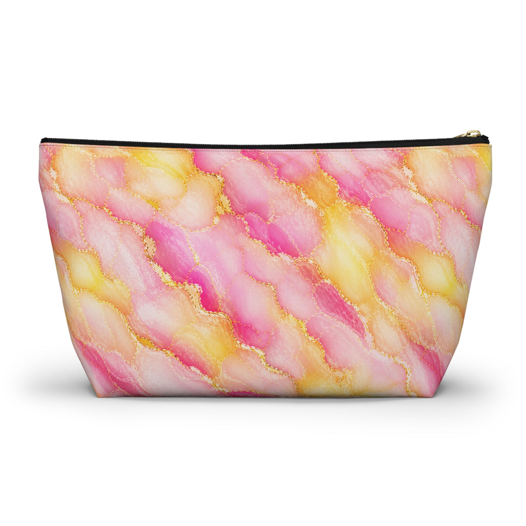 Trousse de Maquillage en Marbre Aquarelle Rose et Or – Sac à Accessoires à Fond Plat