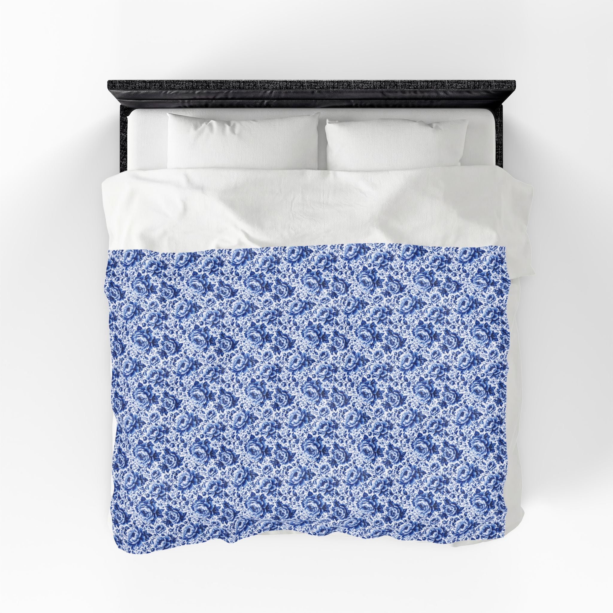 Blue Floral Velveteen Plush Blanket Soft Vintage Rose Throw Blue & White Chinoiserie Peony Elegant Floral Throw