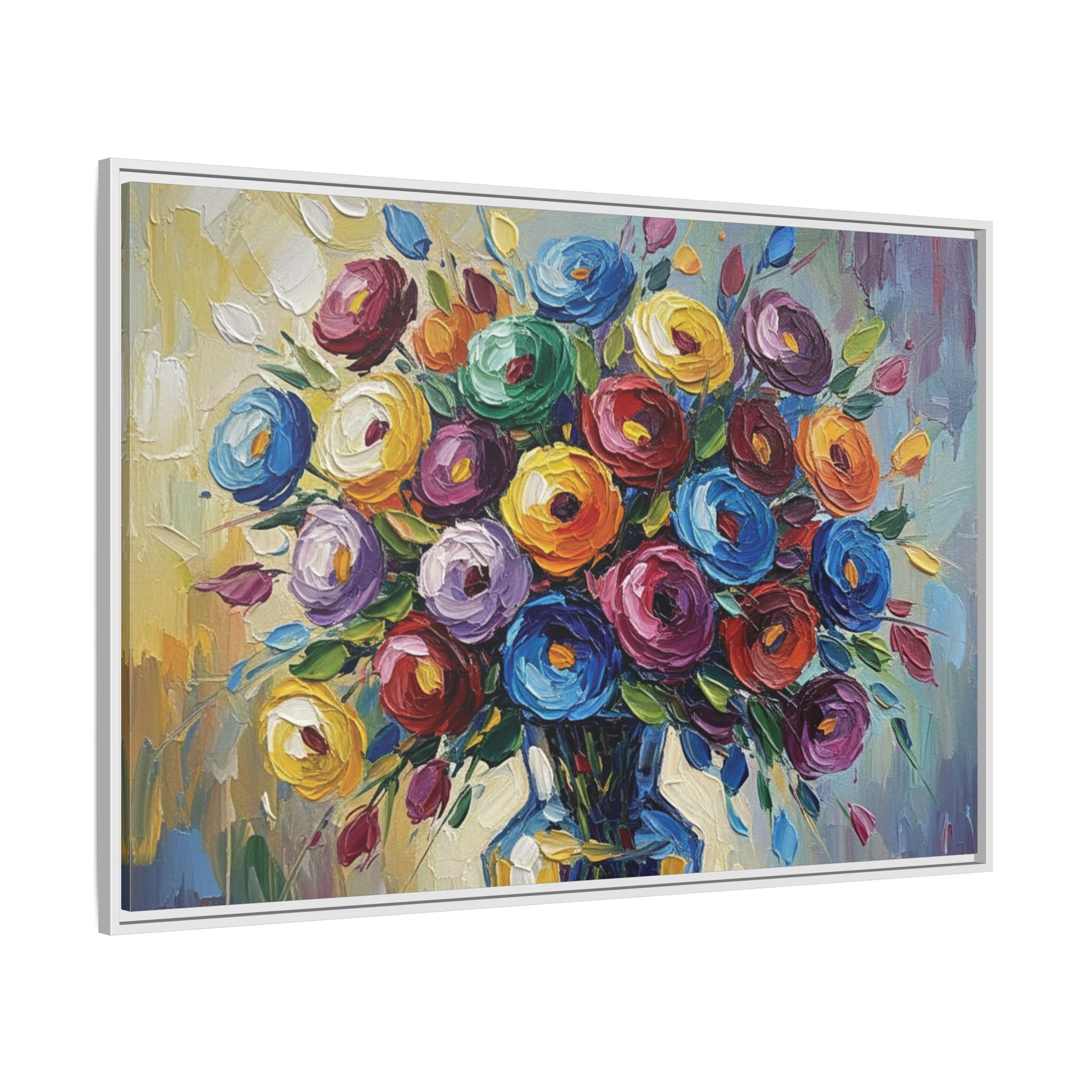 Impression sur toile bouquet floral aquarelle - Tableau mural encadré mat - Illusion de peinture à l'huile vibrante