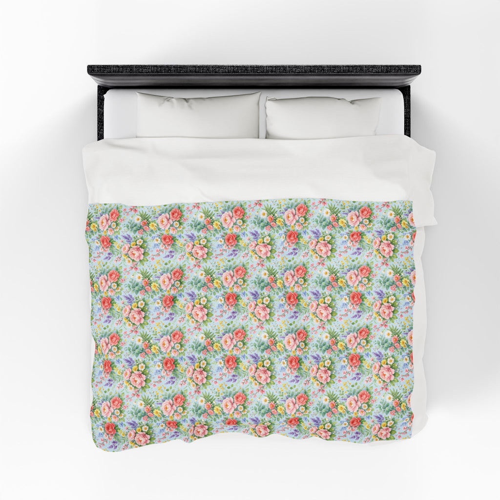 Icy Blue Watercolor Floral Velveteen Plush Blanket — Soft Floral Throw for Cozy Home & Gift