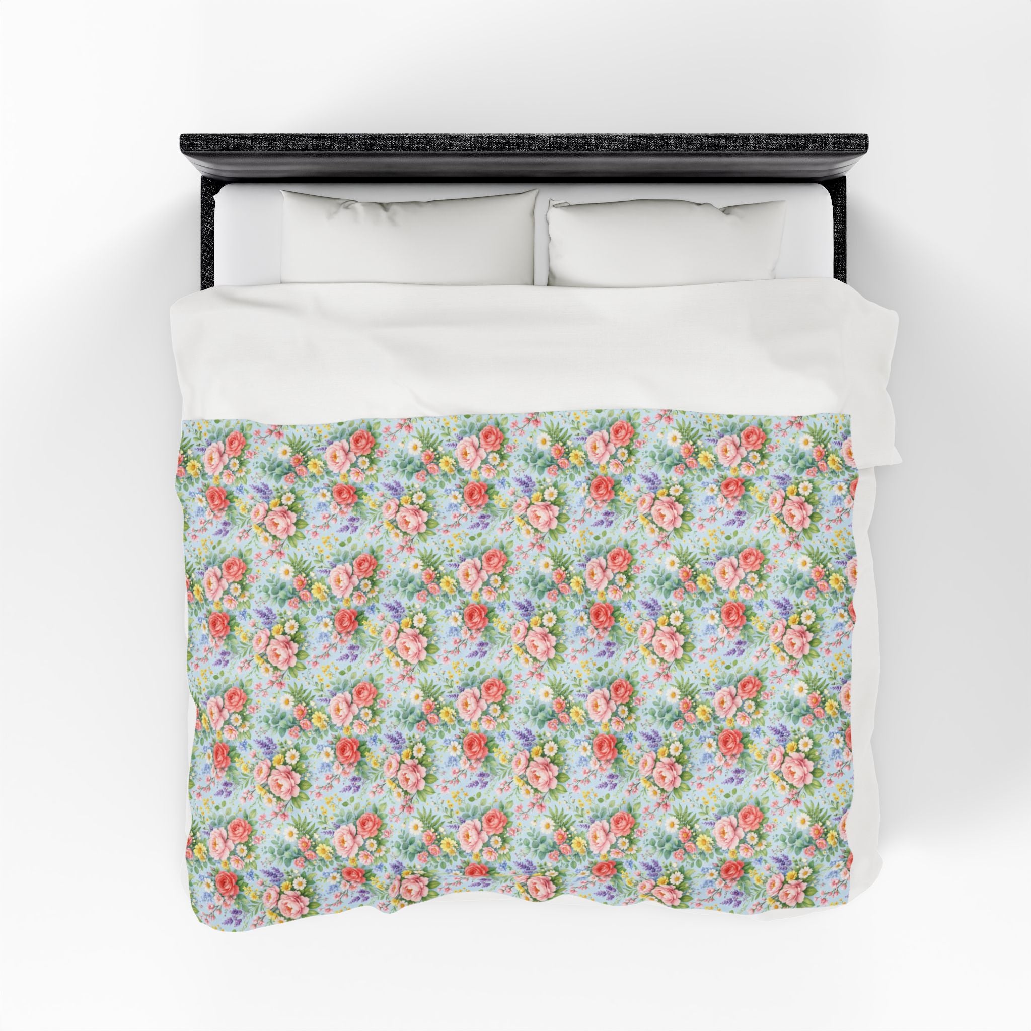 Icy Blue Watercolor Floral Velveteen Plush Blanket — Soft Floral Throw for Cozy Home & Gift
