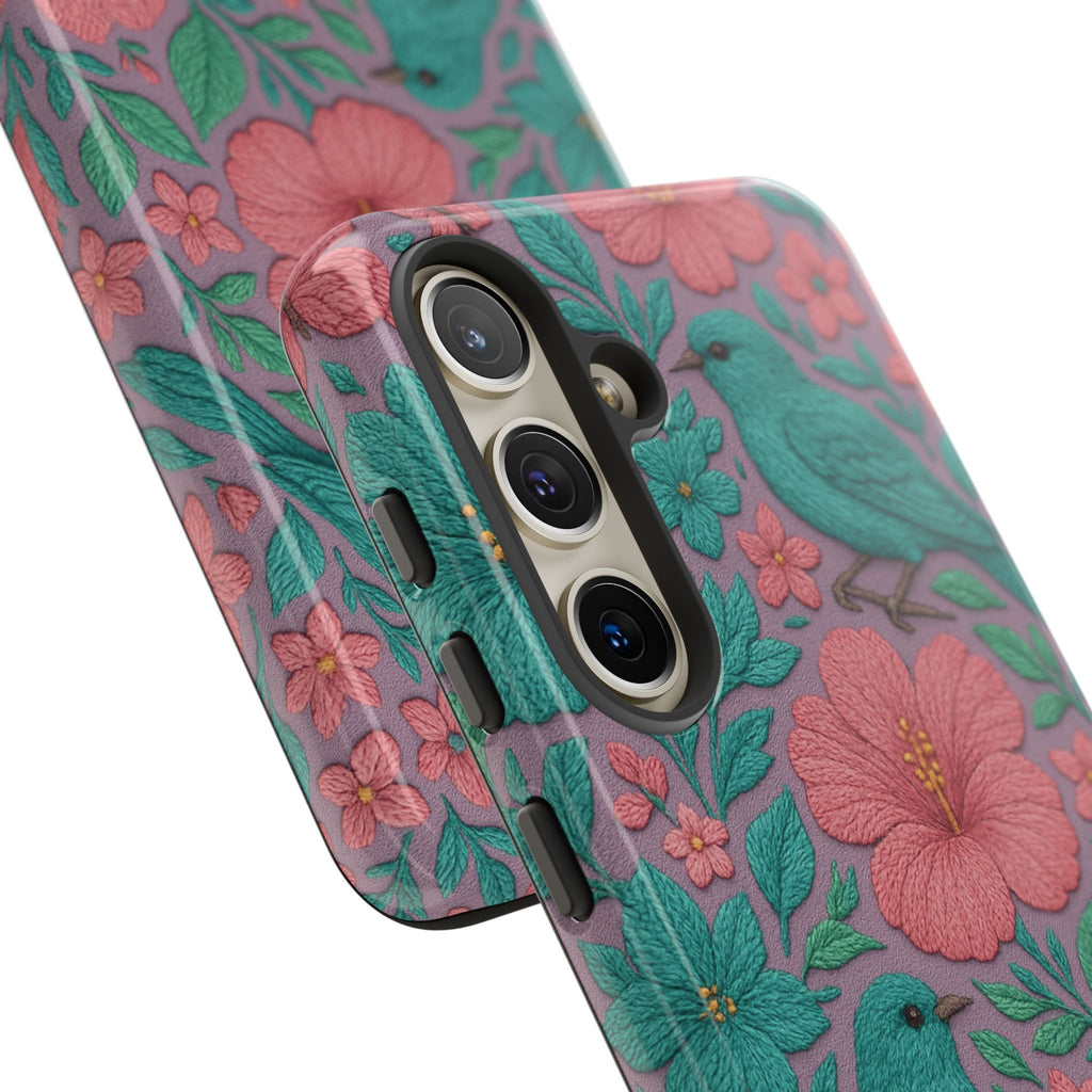 Turquoise, Pink and Lavender 3D Embroidery Illusion Phone Case Tropical Flowers, Birds & Butterflies Cover with Bold, Realistic Floral Texture iPhone, Samsung