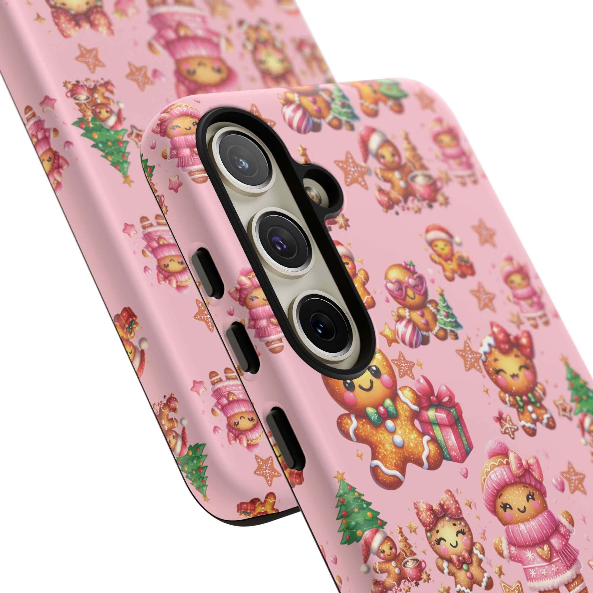 Coque de téléphone en forme de petite fille pain d'épices rose adorable, ambiance girly pour les fêtes, esthétique douce de Noël, idée cadeau mignonne et festive pour elle, housse de protection amusante