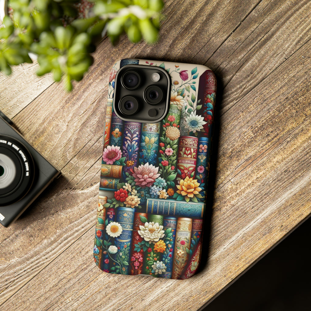 Books and Floral Boho Luxury Phone Tough Case Floral Elegant Durable Stylish for Modern Devices iPhone 15, Samsung iPhone Samsung Accessory Gift for Her.