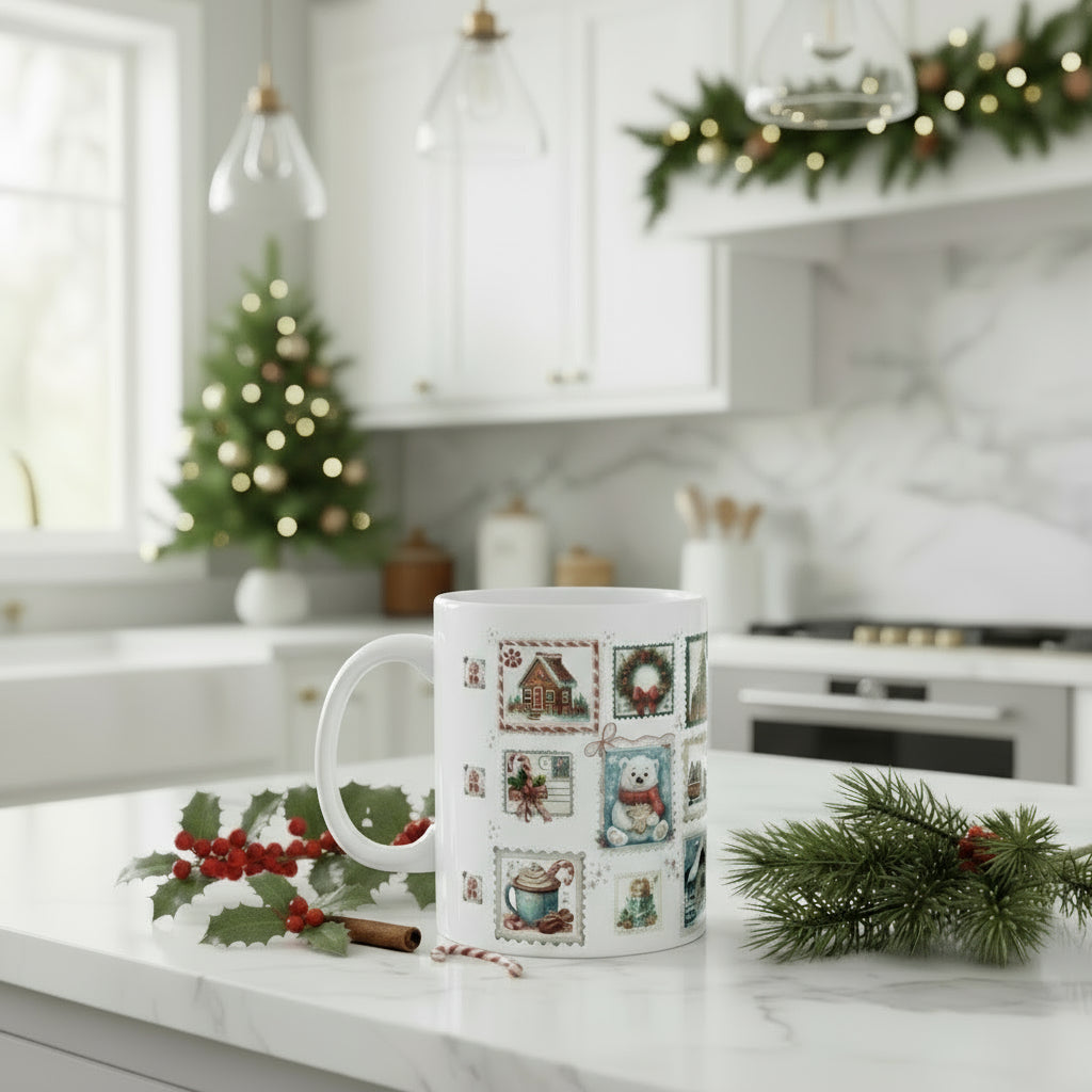 White mug with Christmas-themed postage stamp designs on a white background