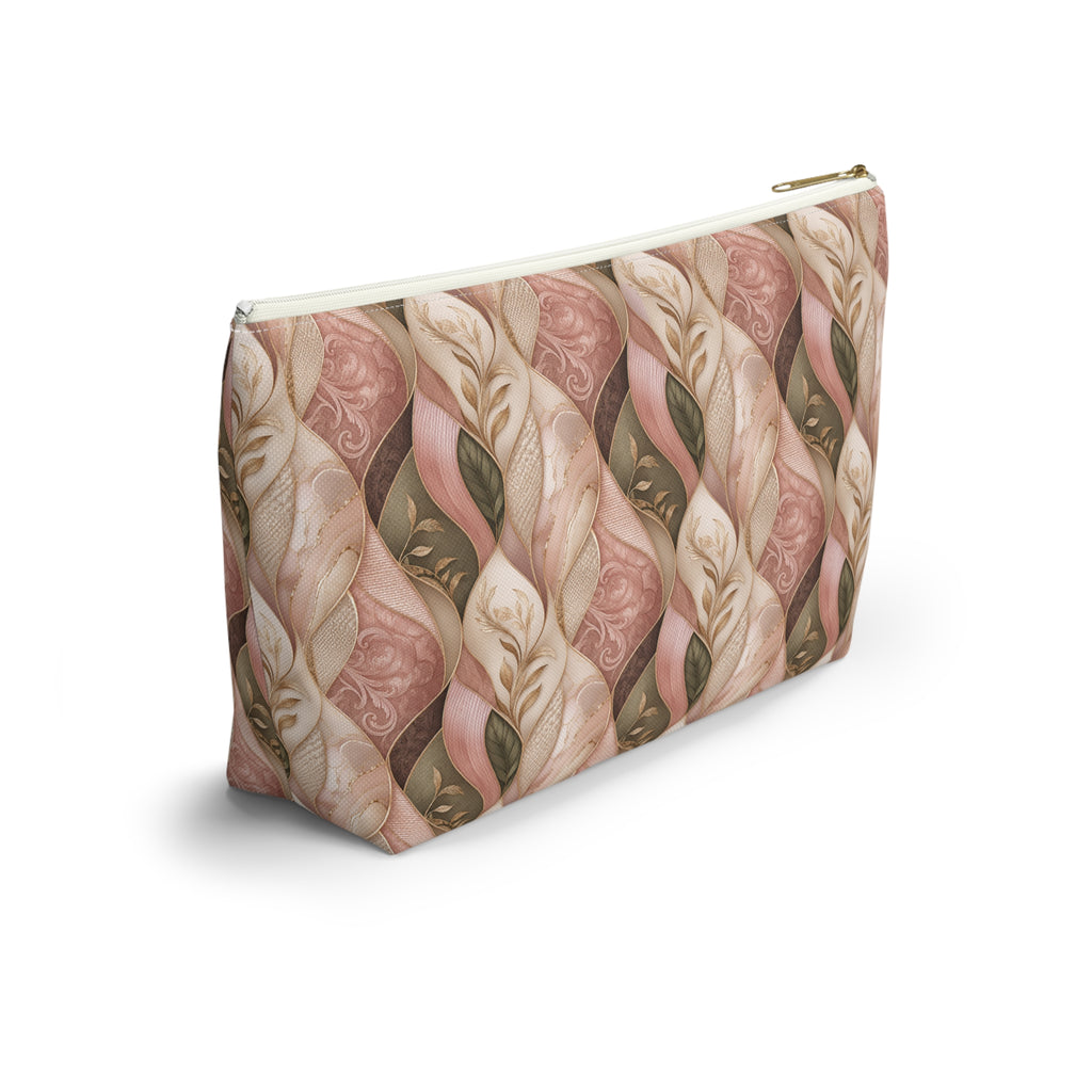 Braided Floral Accessory Pouch — Pink & Olive T‑Bottom Cosmetic Bag