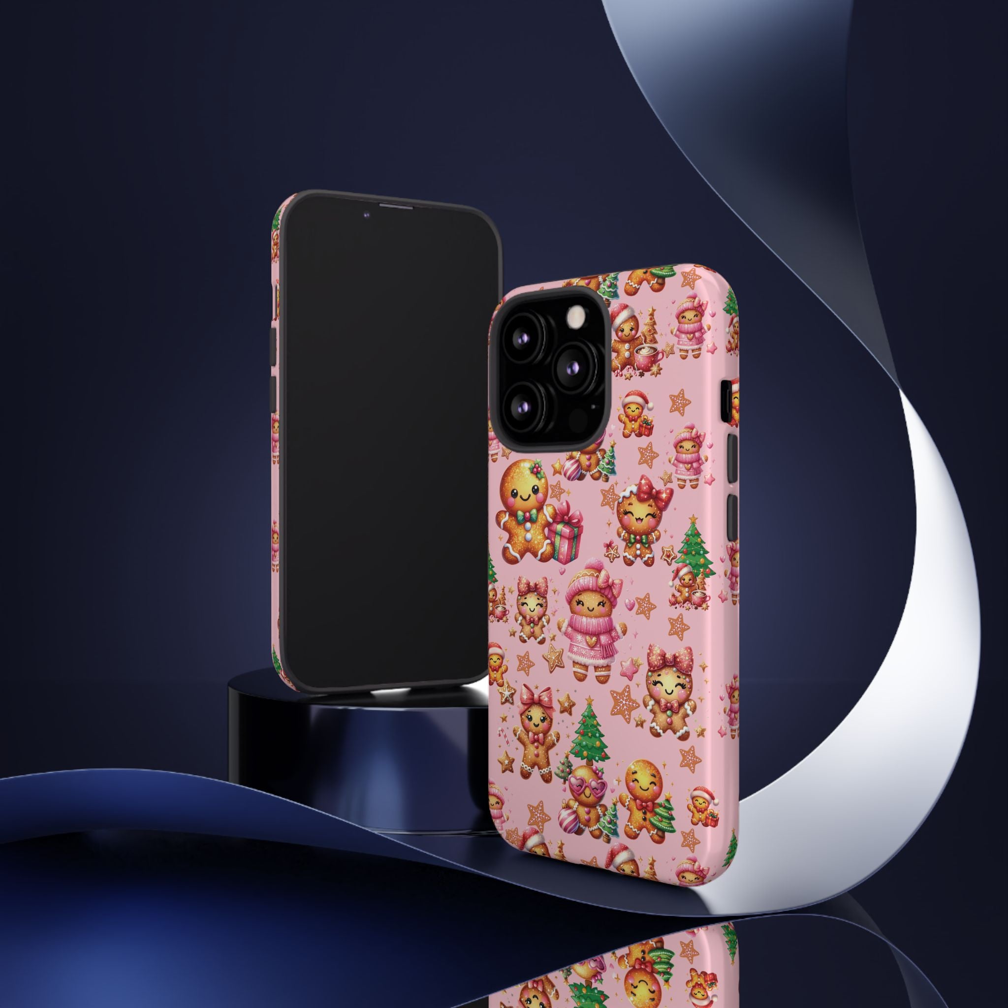 Coque de téléphone en forme de petite fille pain d'épices rose adorable, ambiance girly pour les fêtes, esthétique douce de Noël, idée cadeau mignonne et festive pour elle, housse de protection amusante