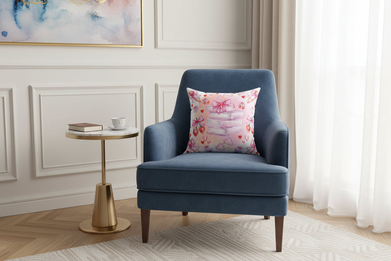 Decorative pillow with pink and white design featuring books, hearts, and bows on a light pink background.