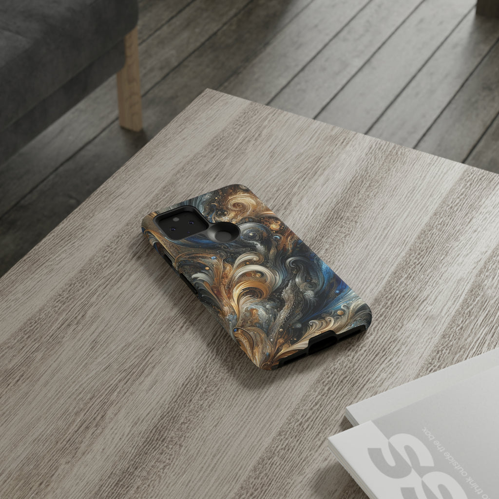 Gold and Navy Art Design Luxury Phone Tough Case Floral Elegant Durable Stylish for Modern Devices iPhone 15, Samsung iPhone Samsung Accessory Gift for Her.