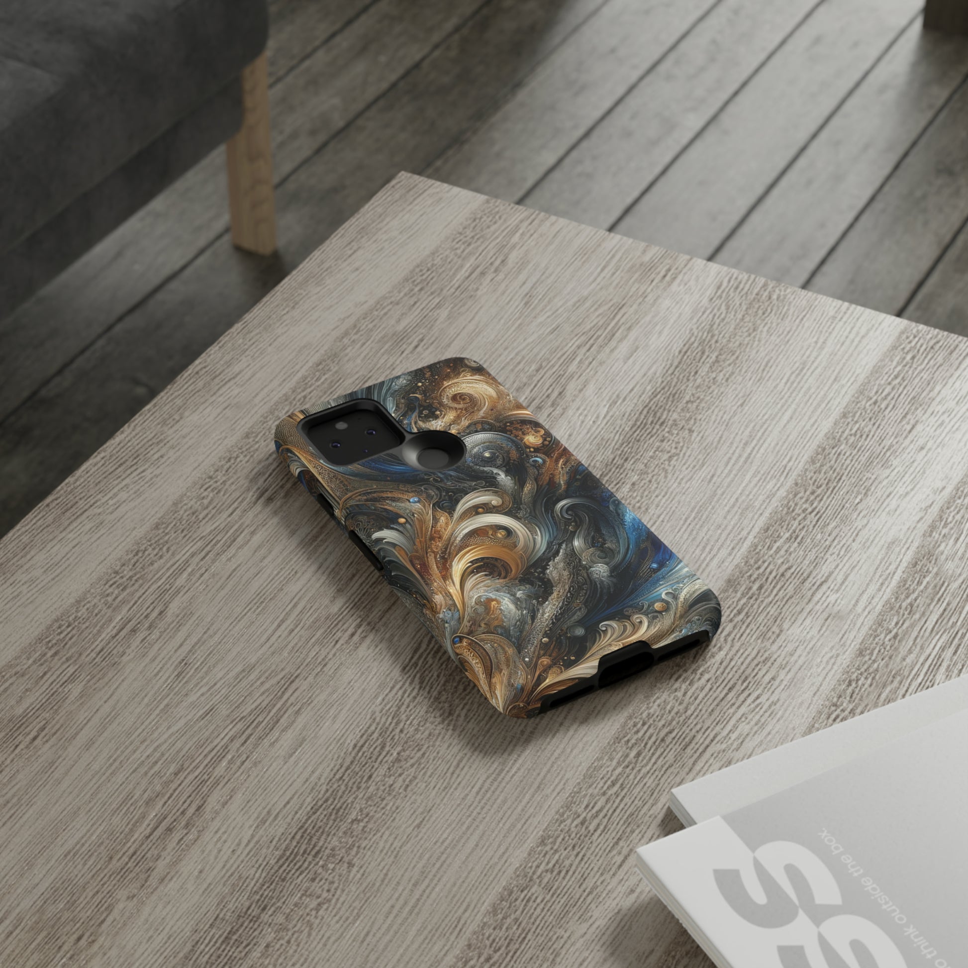 Gold and Navy Art Design Luxury Phone Tough Case Floral Elegant Durable Stylish for Modern Devices iPhone 15, Samsung iPhone Samsung Accessory Gift for Her.