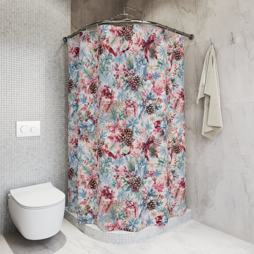 Winter Pinecone Pattern Shower Curtain | Holiday Snowflake Bathroom Decor Icy blues and Pinks