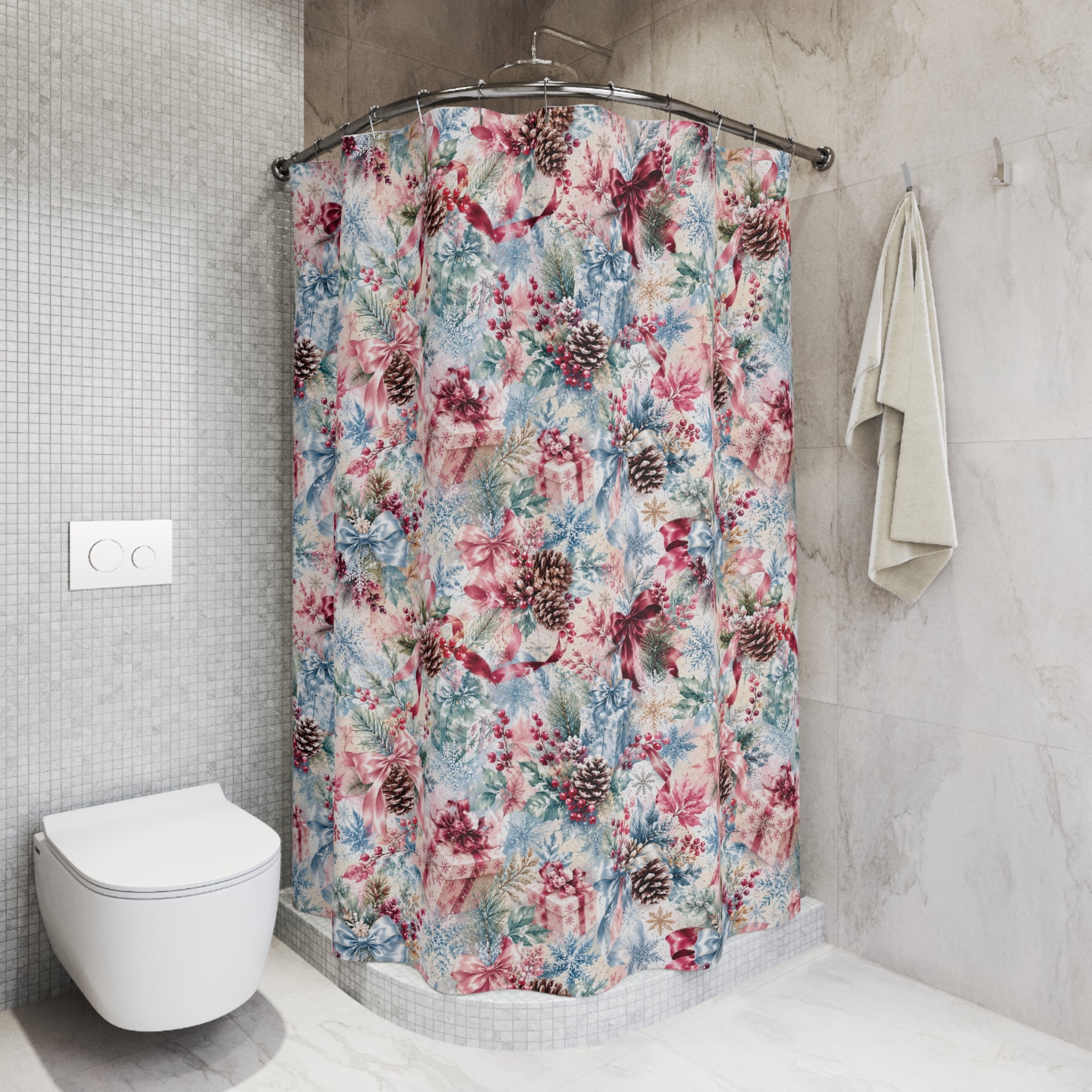 Winter Pinecone Pattern Shower Curtain | Holiday Snowflake Bathroom Decor Icy blues and Pinks