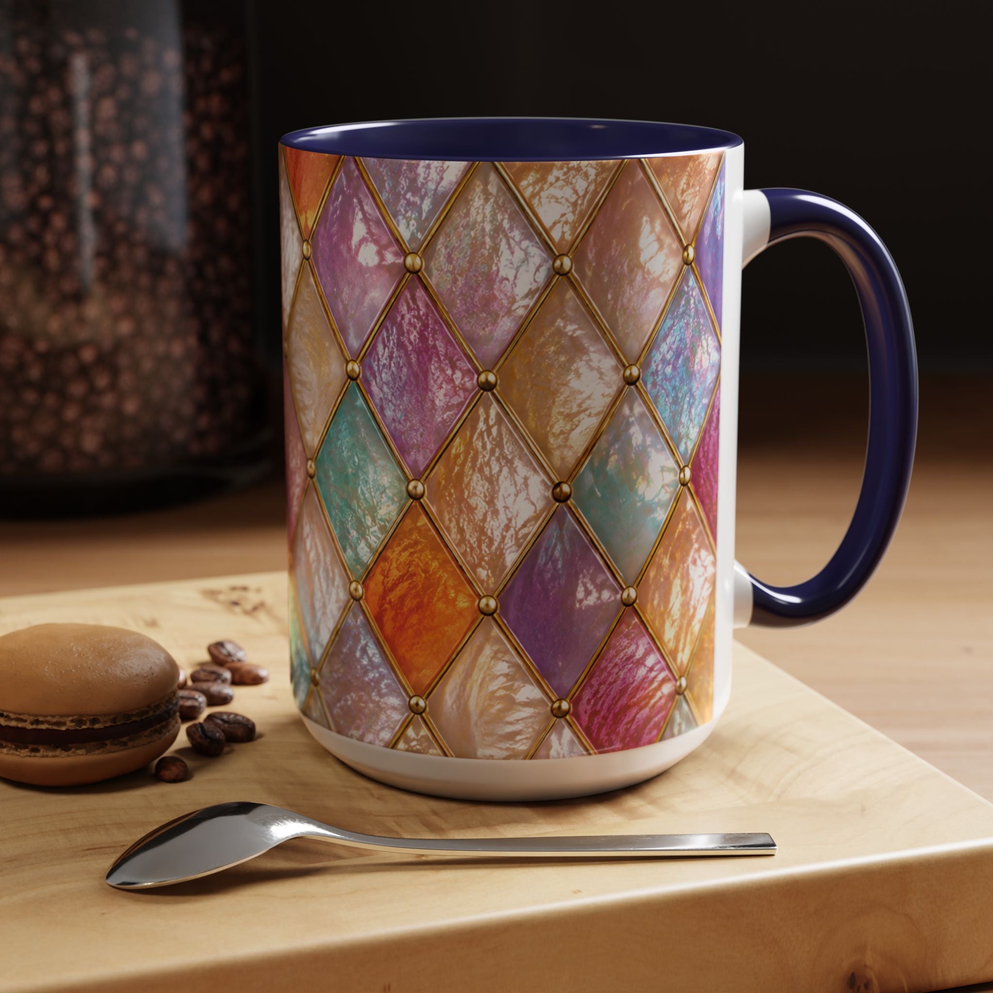 Colorful Jewel-Quilt Accent Coffee Mug — Vibrant Stained-Glass Pattern (11/15oz) Gift for her