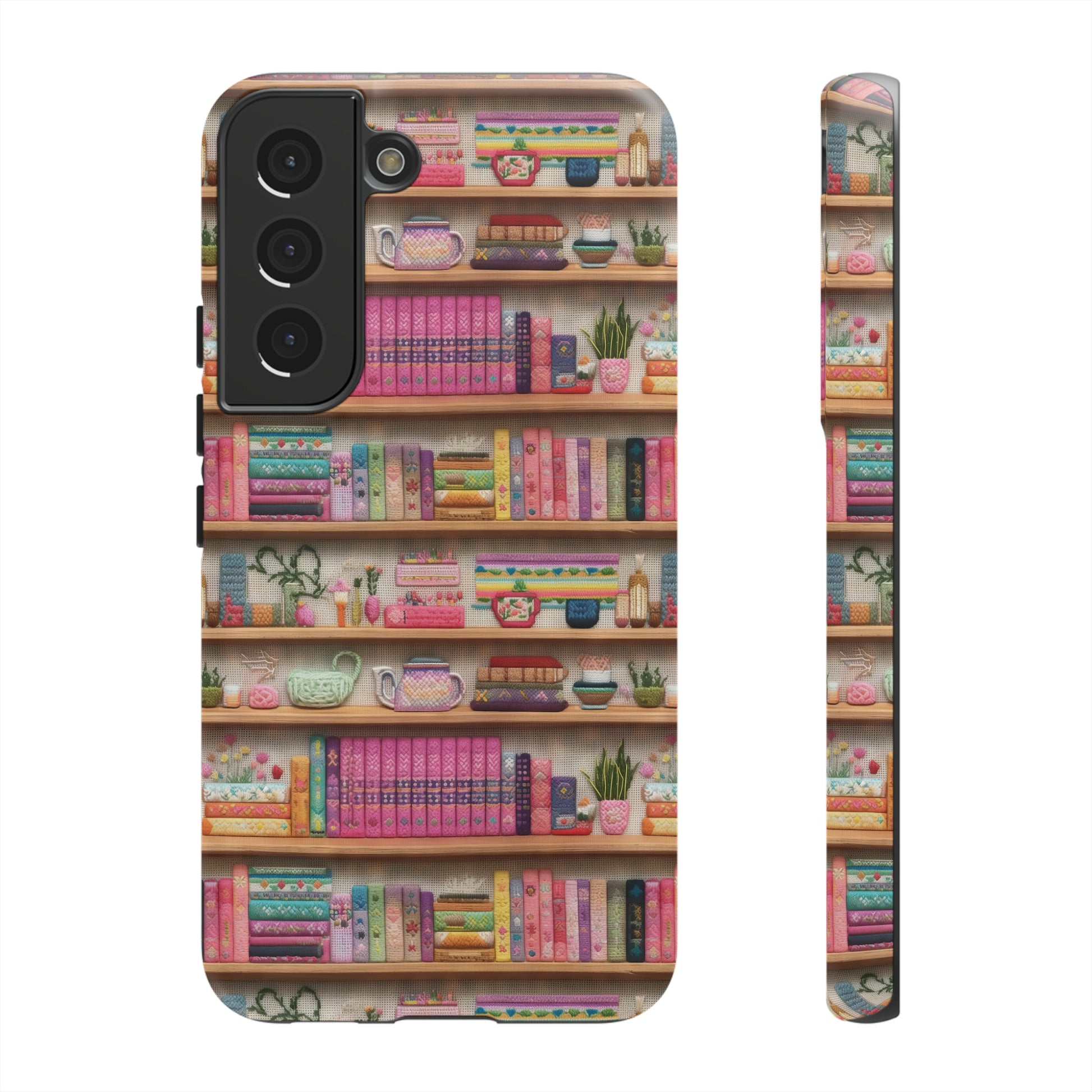 Phone Case 3D Illusion Books & Shelf Embroidery Design with Vibrant Colors Gift for Her Phone 15, Samsung iPhone Samsung Gift for Her Case iPhone 15, Samsung iPhone Samsung Accessory Gift for Her.