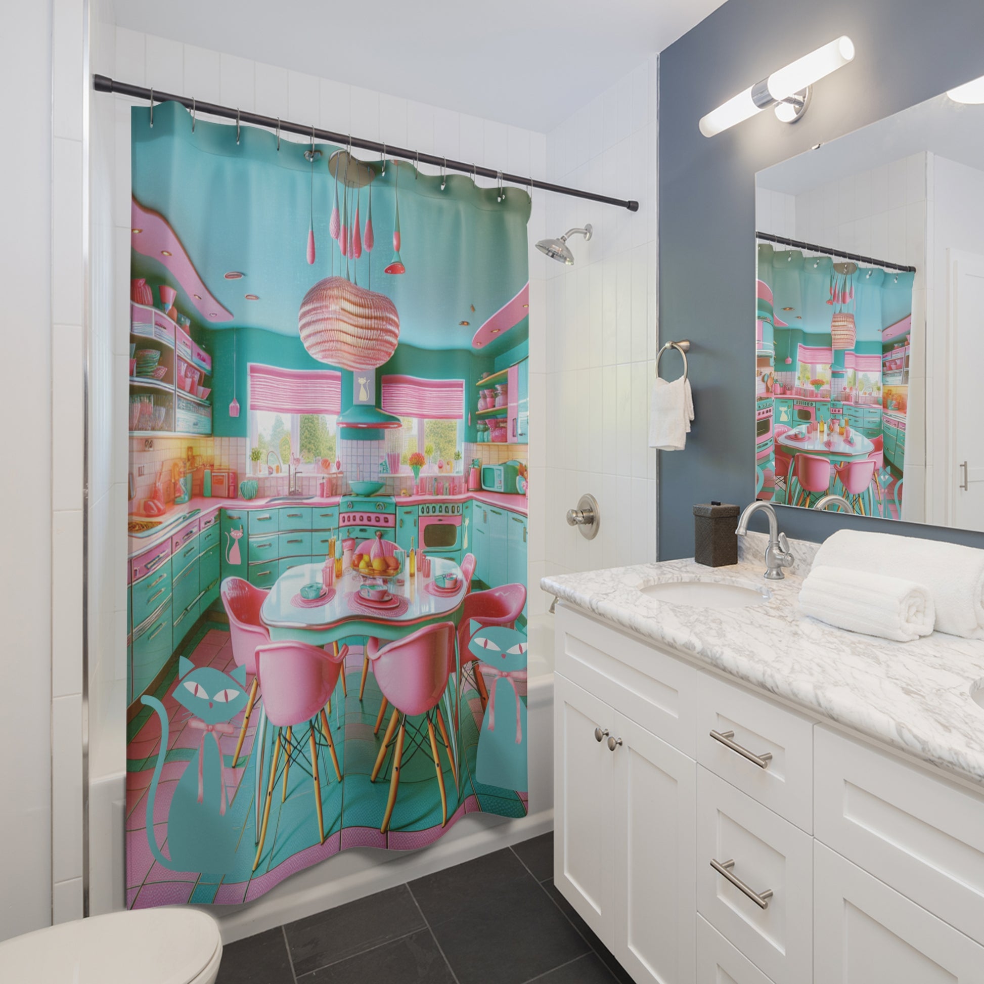 Atomic Kitty Cat Shower Curtains, Mid Century Modern 50's Aqua, Pink MCM Bathroom Decor, Retro Cat Lover Gift, Vintage Style Bath Curtain - MRSBYVALLE