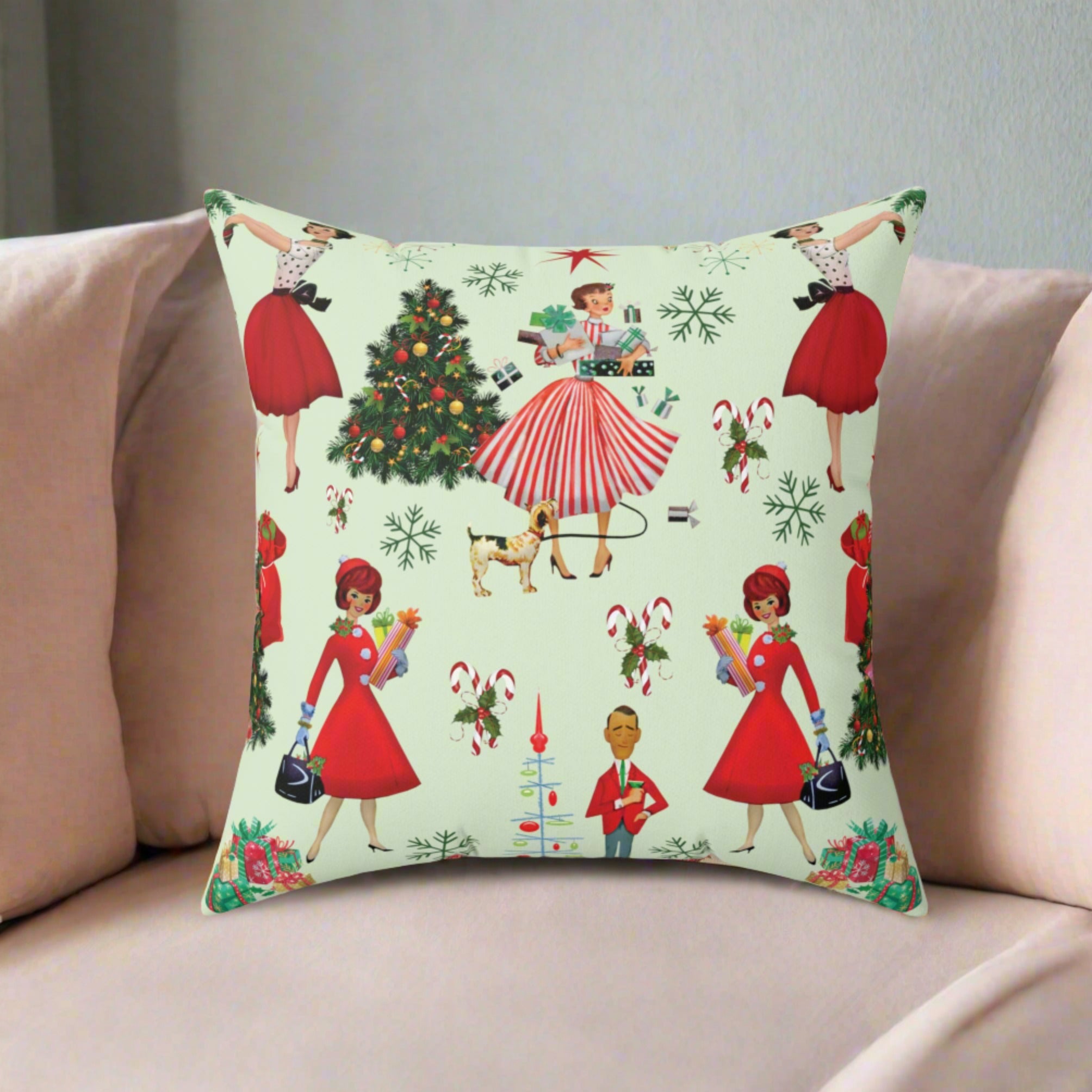 Housewarming Gift 1950s Vintage Decorative Pillow - Retro Christmas Design Square Decorative Pillow  Accent Home Decor | Premium Quality, Soft, and Durable | Perfect for Couch, Bed, or Chair | Elegant Bedrooms Pillow Gift New House, Bridal Shower Gift - MRSBYVALLE