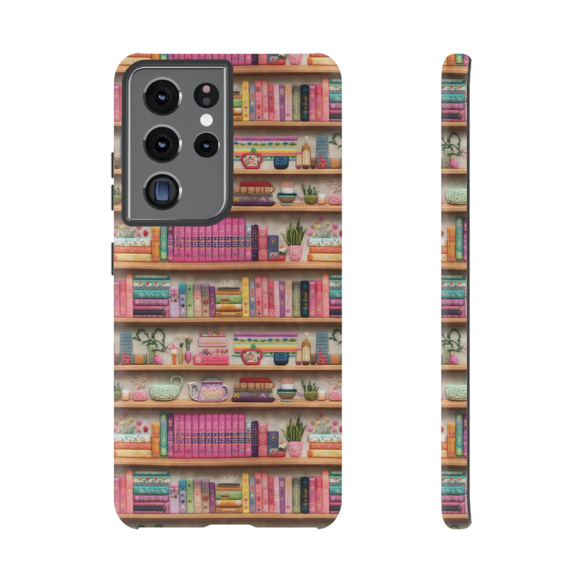 Whimsical 3D Embroidery Illusion Books on Pastel Shelves Phone Case for iPhone, Samsung & Pixel: Unique Accessory for Literary Enthusiasts Gift for Her Perfect for Floral Lover