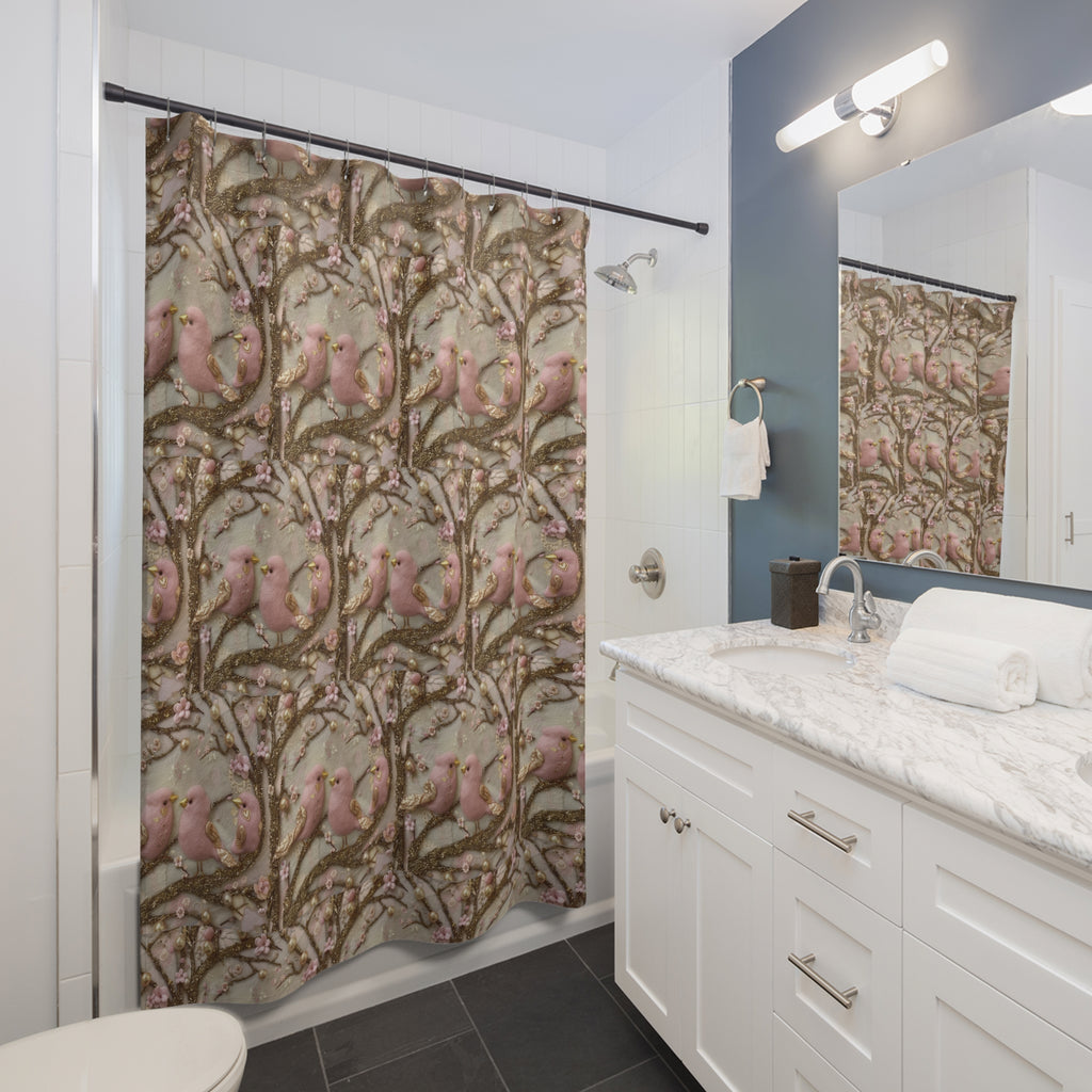 New House Boho Pink Birds 3D Illusion Shower Curtain Books & Bows Design | Autumn Bathroom Decor for Cozy and Stylish Bathroom Spaces - MRSBYVALLE
