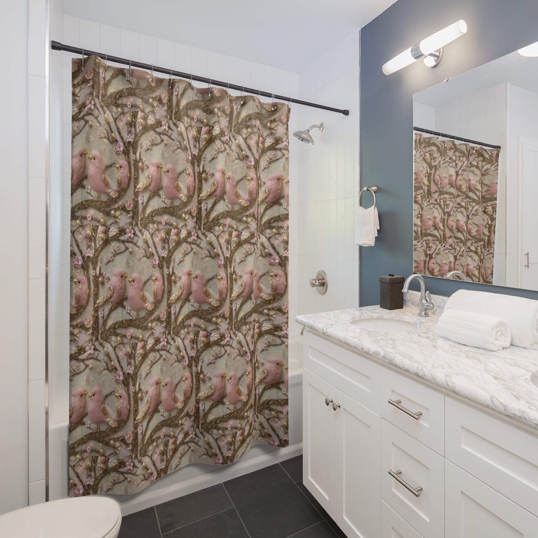 New House Boho Pink Birds 3D Illusion Shower Curtain Books & Bows Design | Autumn Bathroom Decor for Cozy and Stylish Bathroom Spaces - MRSBYVALLE