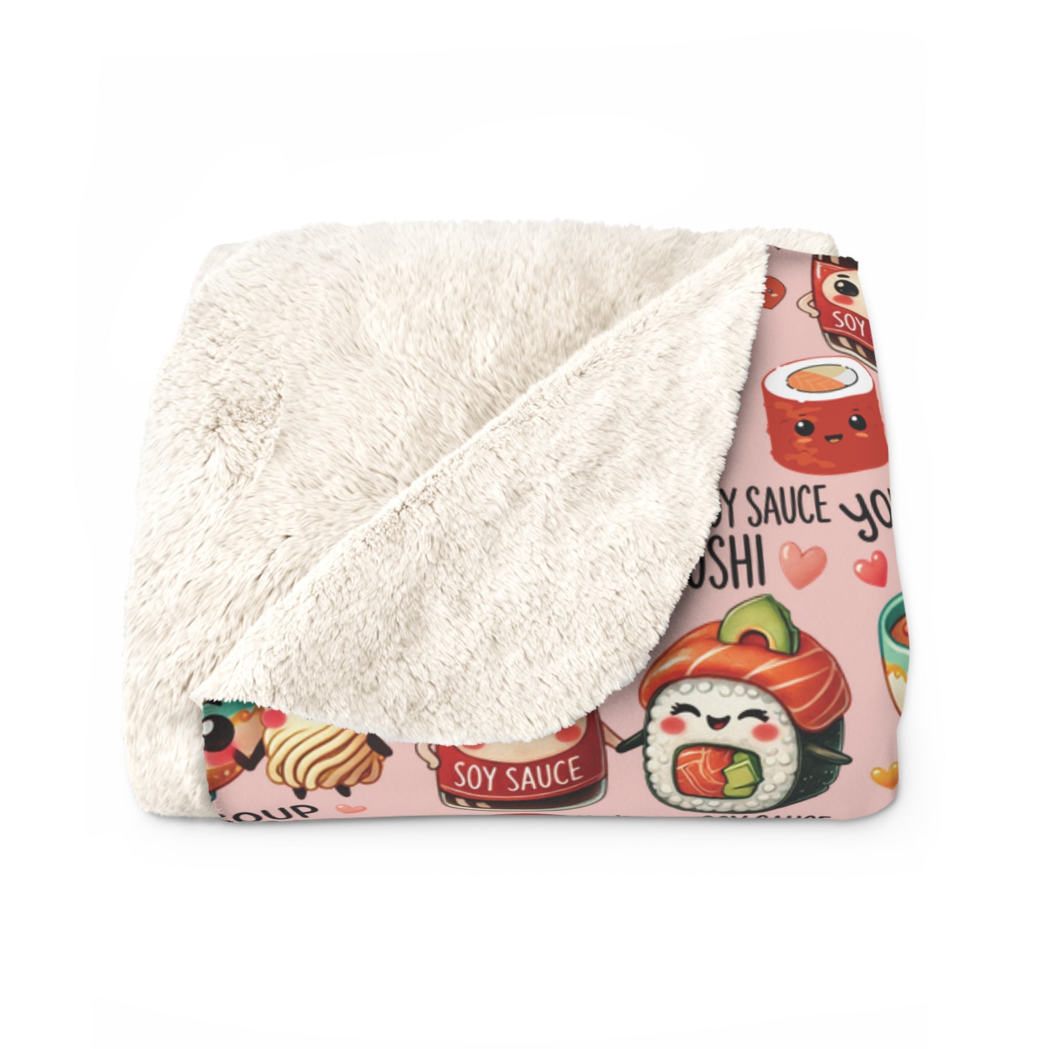 Sherpa Fleece Blanket Cozy Kawaii Sherpa Fleece Blanket Adorable Sushi & Noodle Charm Design, Perfect for Snuggling, Gifting, or Adding a Cute Touch to Your Home Déco