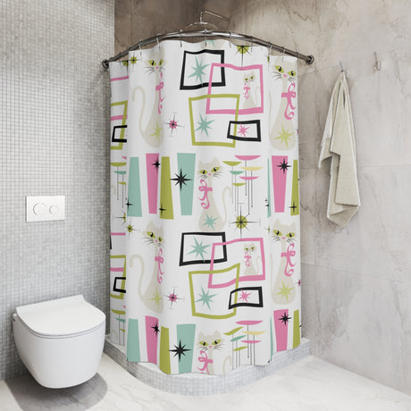 Pastel Atomic Kitty Cats Shower Curtain – Mid-Century Modern 50s Retro Vibes, Playful & Stylish for a Chic Bathroom Upgrade Housewarming Gift