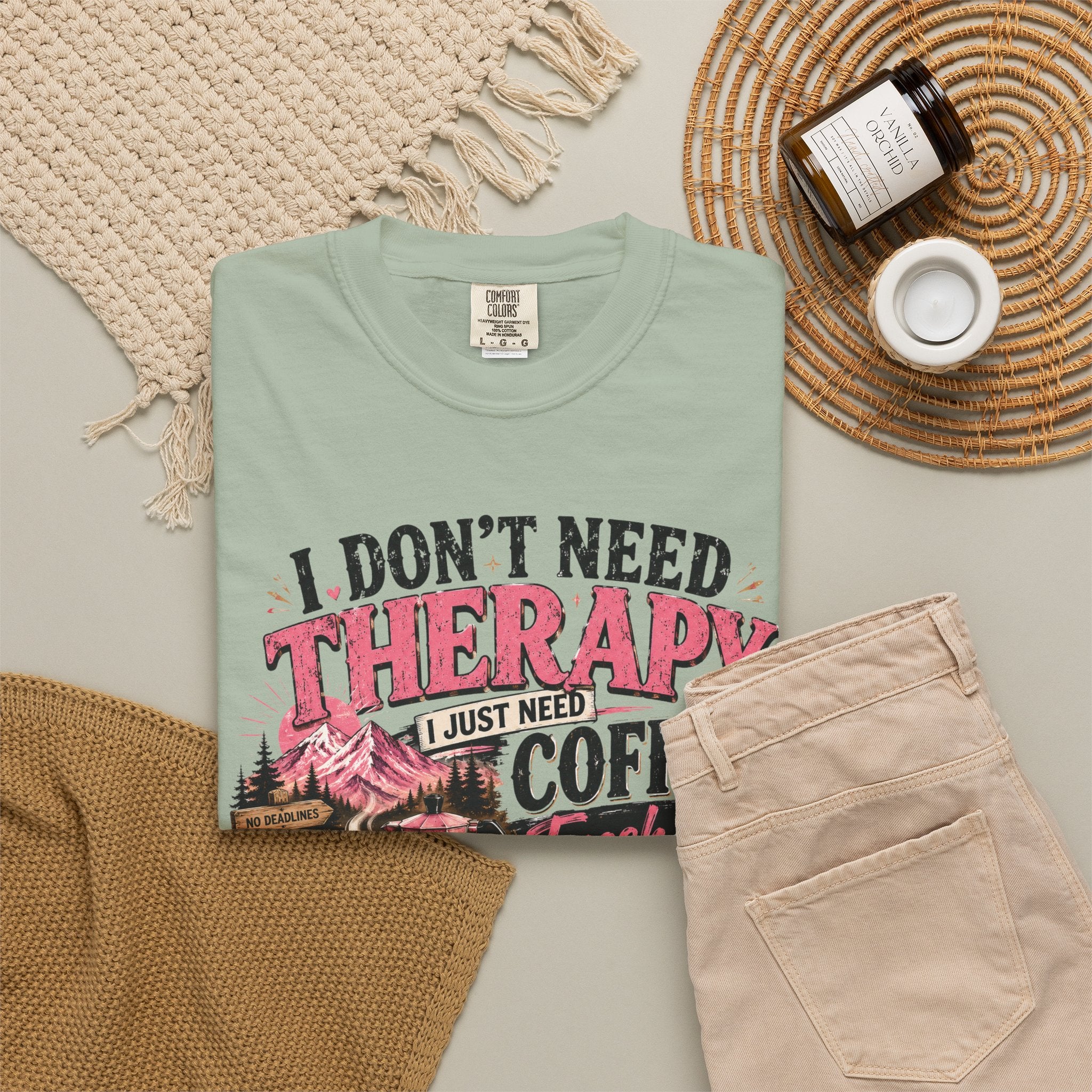 T-Shirt — “I Don’t Need Therapy, I Just Need Coffee, Fresh Air & A Weekend Escape” Vintage Coffee & Outdoors Tee