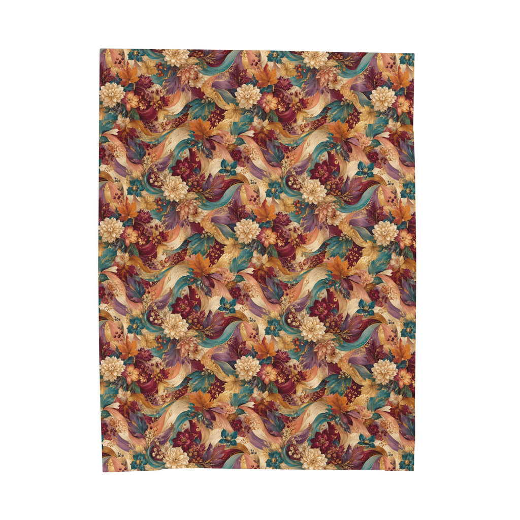 Autumn Floral Velveteen Plush Blanket Cozy Vintage  Throw Luxury Botanical Velveteen Plush Blanket Burgundy Teal Gold