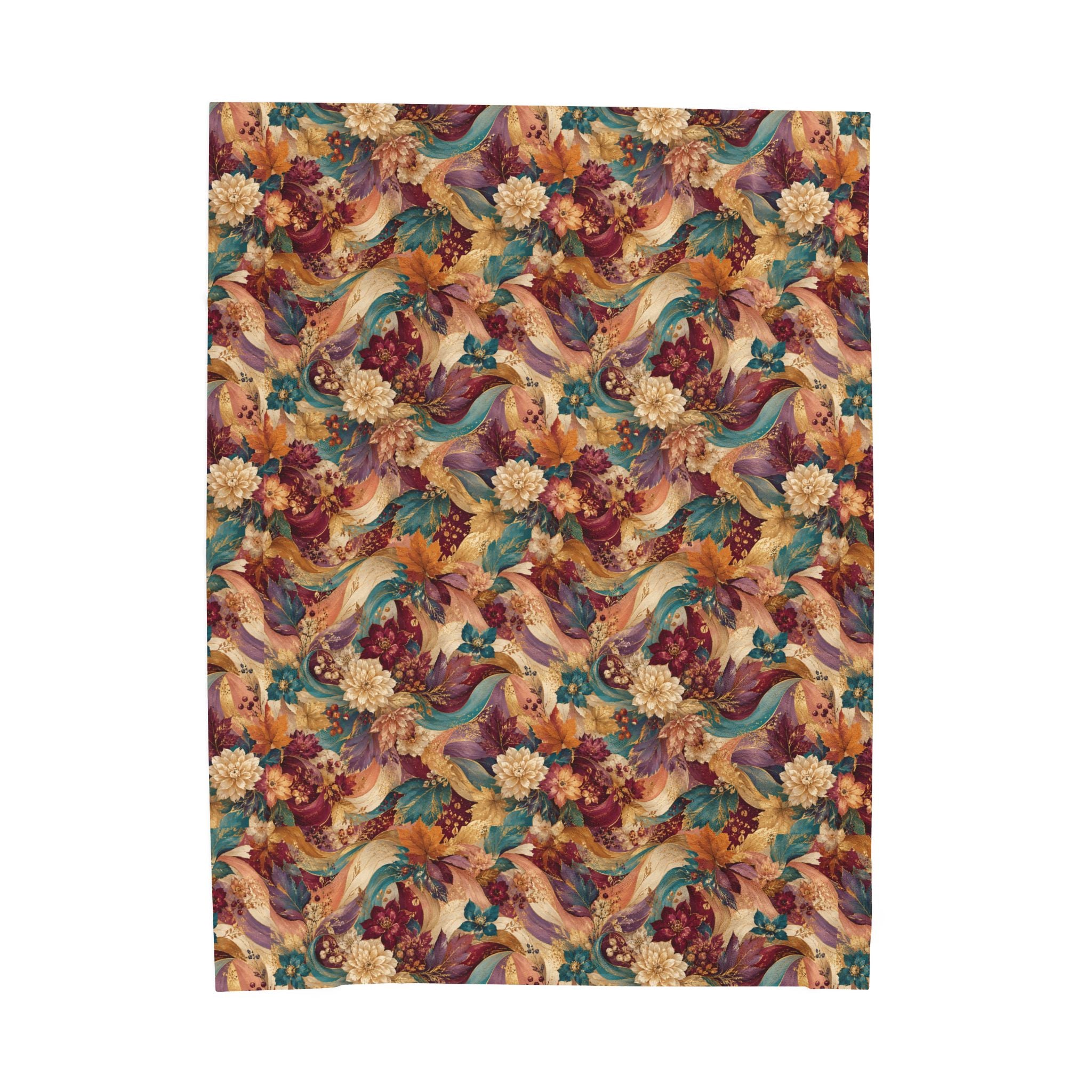 Autumn Floral Velveteen Plush Blanket Cozy Vintage  Throw Luxury Botanical Velveteen Plush Blanket Burgundy Teal Gold