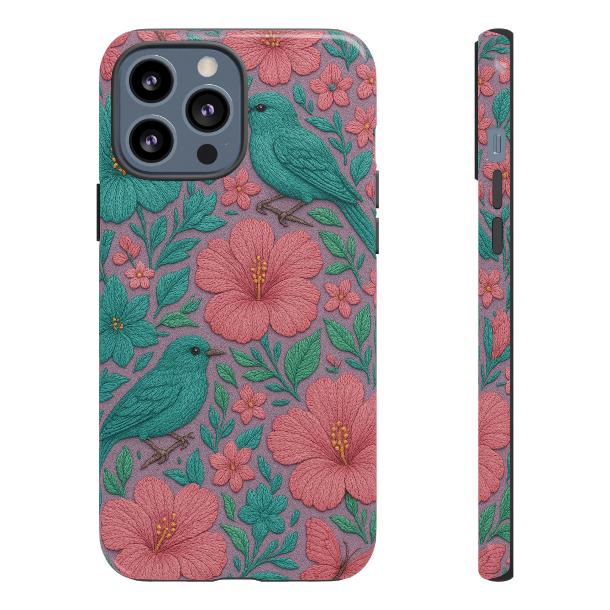 Turquoise, Pink and Lavender 3D Embroidery Illusion Phone Case Tropical Flowers, Birds & Butterflies Cover with Bold, Realistic Floral Texture iPhone, Samsung
