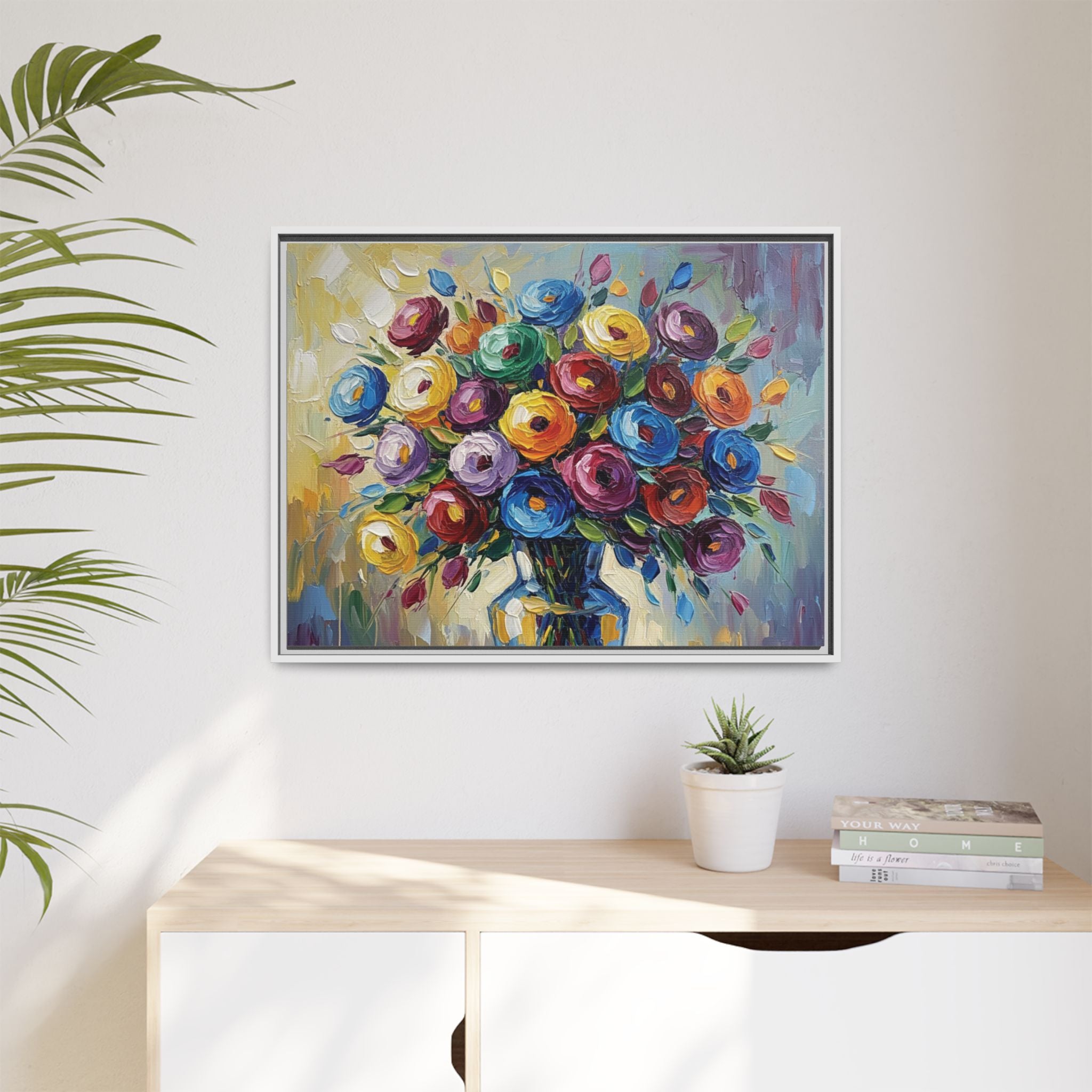 Impression sur toile bouquet floral aquarelle - Tableau mural encadré mat - Illusion de peinture à l'huile vibrante