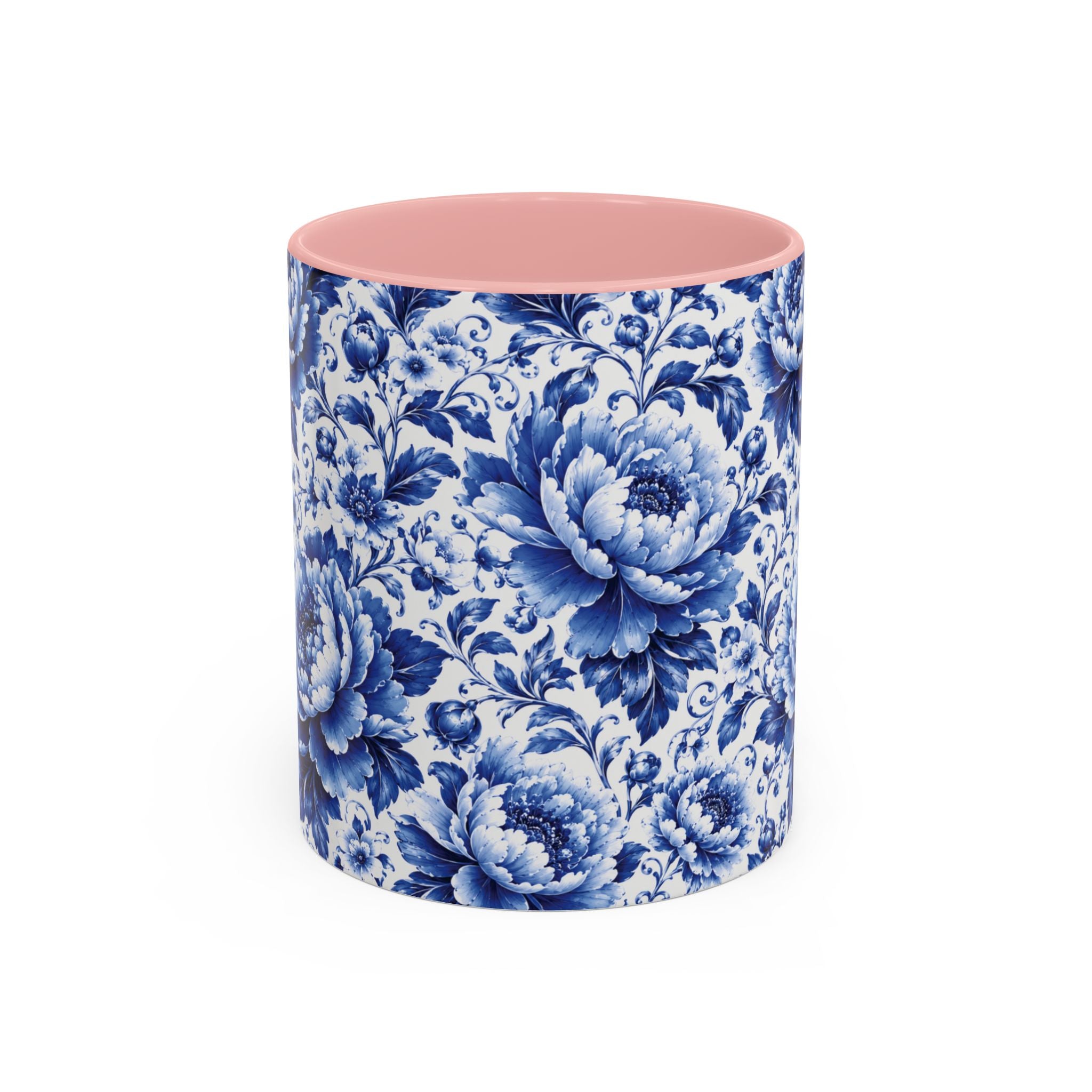 Blue Floral Ceramic Coffee Mug — Vintage Delft Peony Accent (11oz & 15oz) Blue & White Chinoiserie Tea Mug