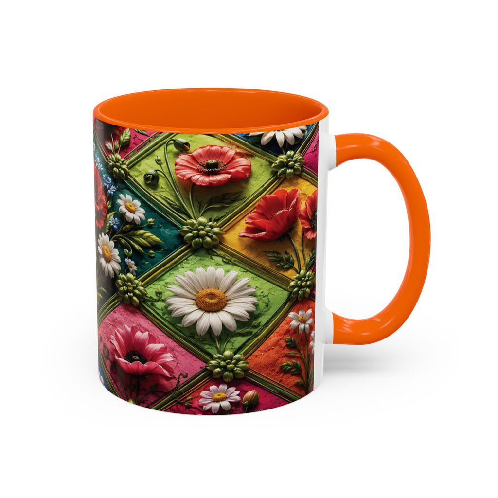 Floral Patchwork Accent Coffee Mug — Colorful Poppies & Daisies (11/15oz) 3D Illusion