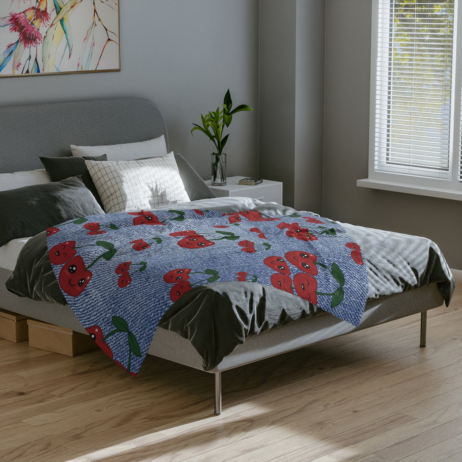 Luxurious Minky Blanket with Faux Denim Cherry Design Cozy Comfort Throw Ultra-Soft Microfiber Comfort Blanket, Perfect for Snuggling Decor, Cozy All-Season Warmth, Blanket Luxurious Comfort Housewarming Gift Throw.