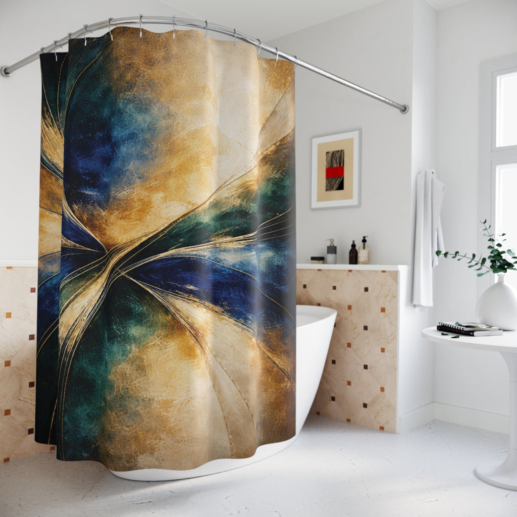 Shower curtain with abstract design in a bathroom setting
