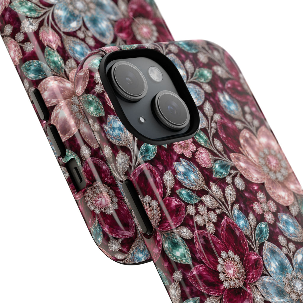 Floral faux Jewel Phone Case Sparkling Burgundy Flower Tough Magnetic Case 18 iPhone
